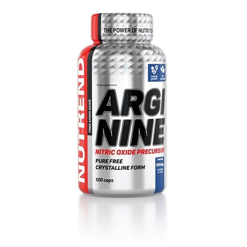 Silberne Flasche mit rotem und blauem Etikett. Aufschrift: Arginine, Nitric Oxide Precursor, 120 Kapseln. Marke: Nutrend.