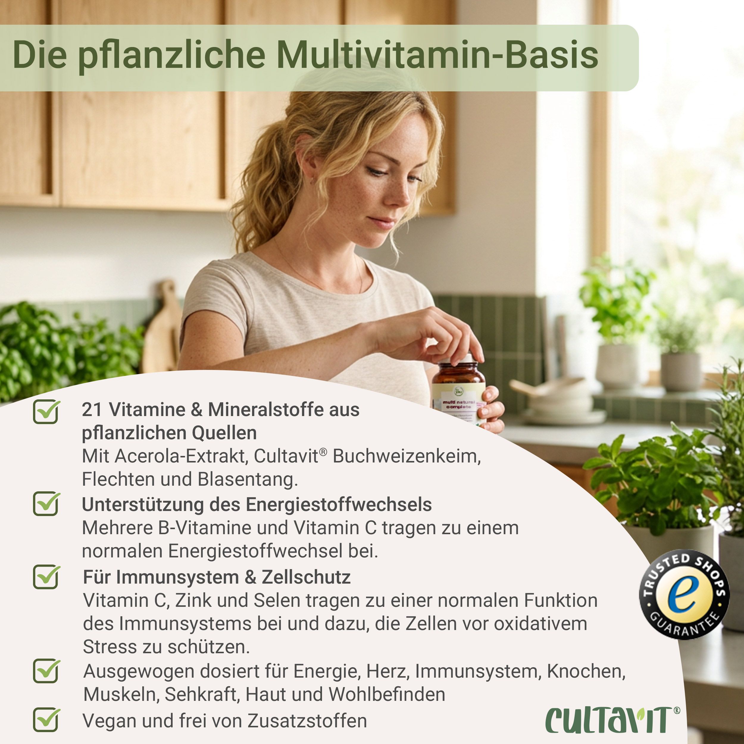 Frau öffnet eine Flasche 'multi natural complete', Liste mit Vitaminen und Mineralstoffen, Siegel 'Trusted Shops'.