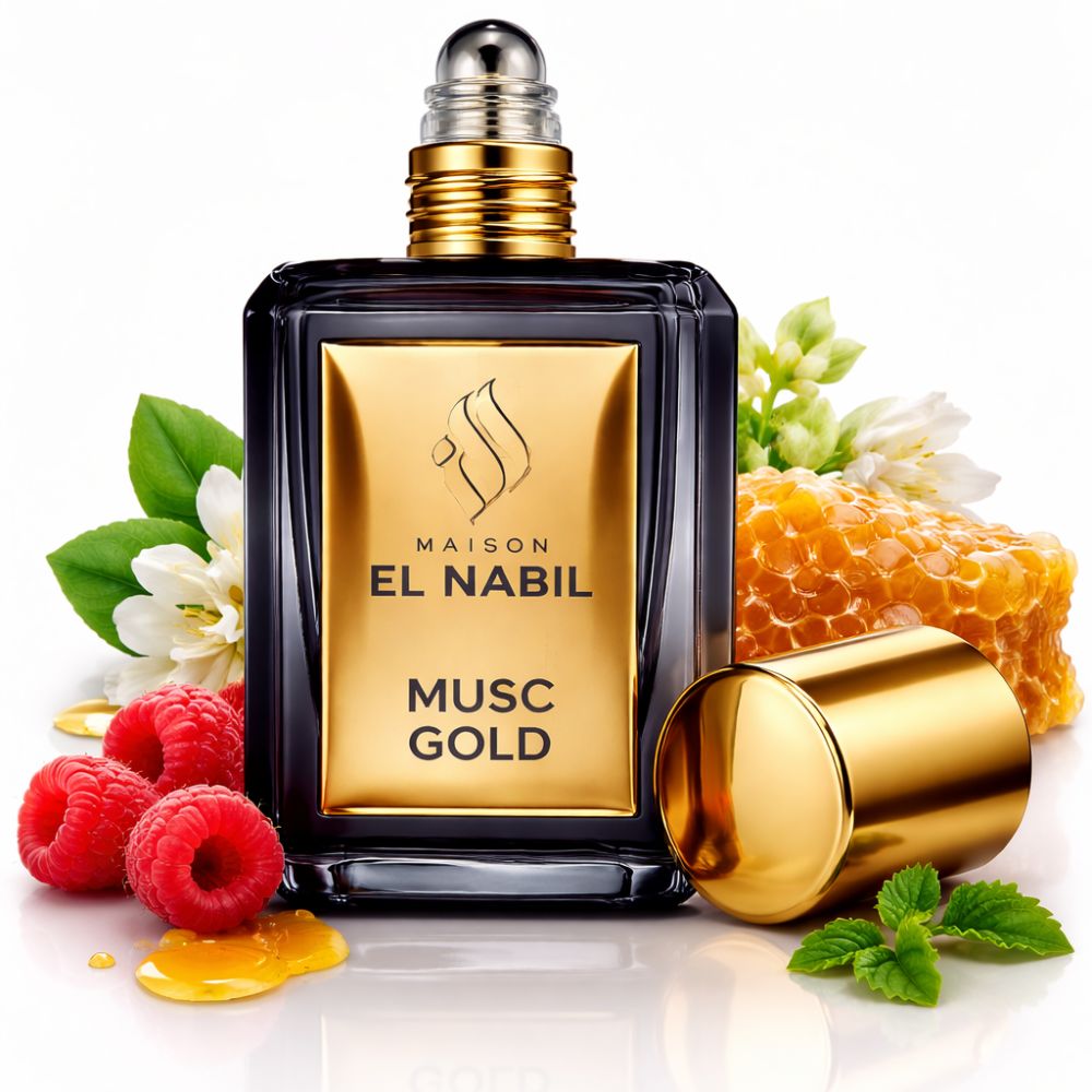 Schwarze Glasflasche mit goldenem Etikett "Maison El Nabil Musc Gold", umgeben von Himbeeren, Waben und Minze.