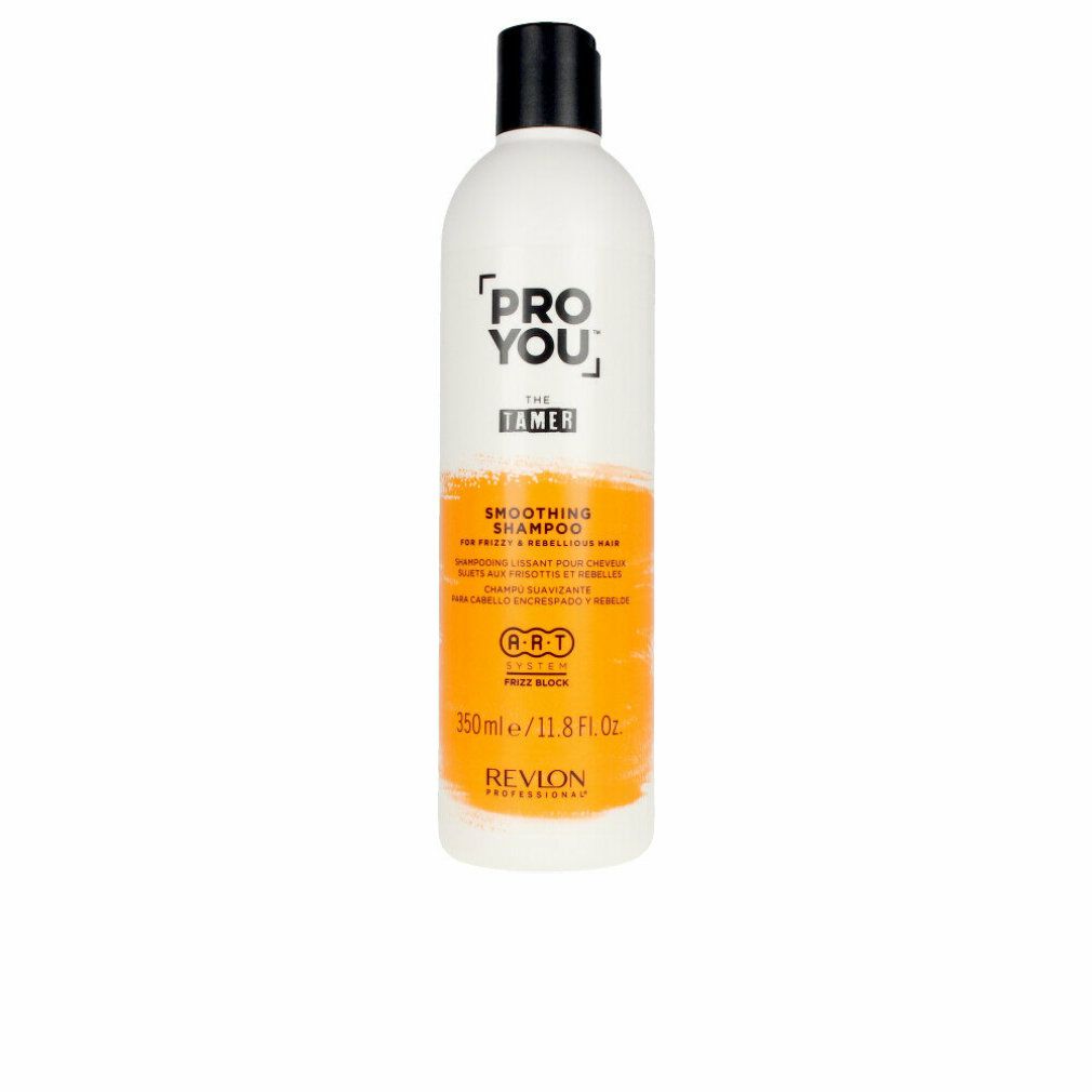 Weiße Flasche mit schwarzem Deckel. Aufschrift: PRO YOU THE TAMER, Smoothing Shampoo. Marke: Revlon. Orangefarbener Streifen.
