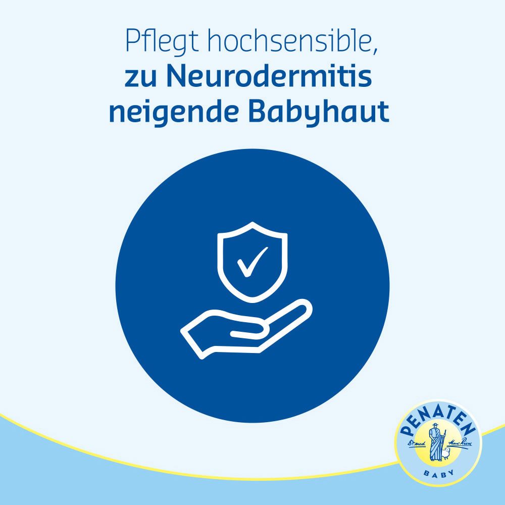 Blauer Kreis mit weißem Symbol: Schild und Hand. PENATEN® Baby-Logo unten rechts.