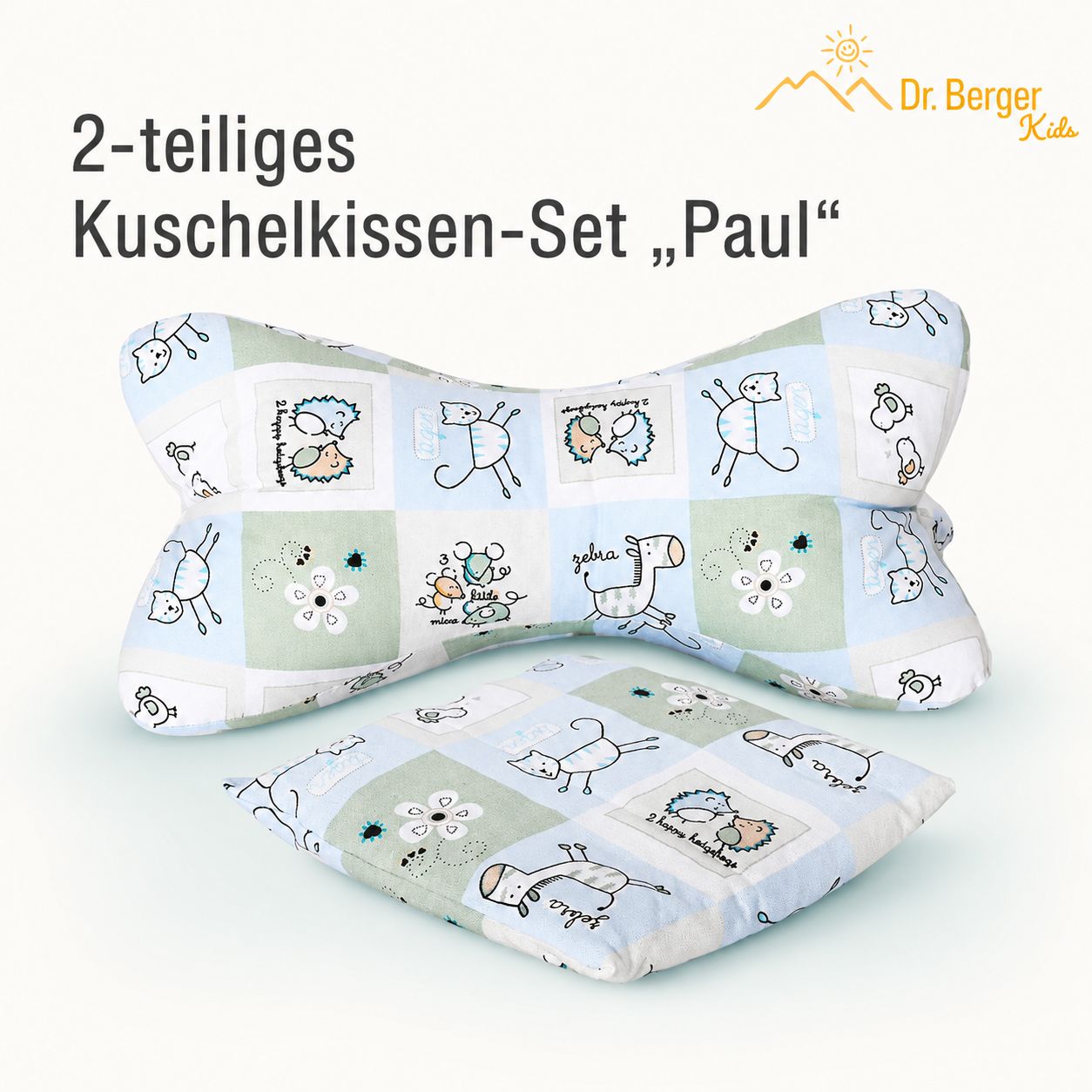 Dr. Berger 2-teiliges Kuschelkissen-Set "Paul" mit Tiermotiven.