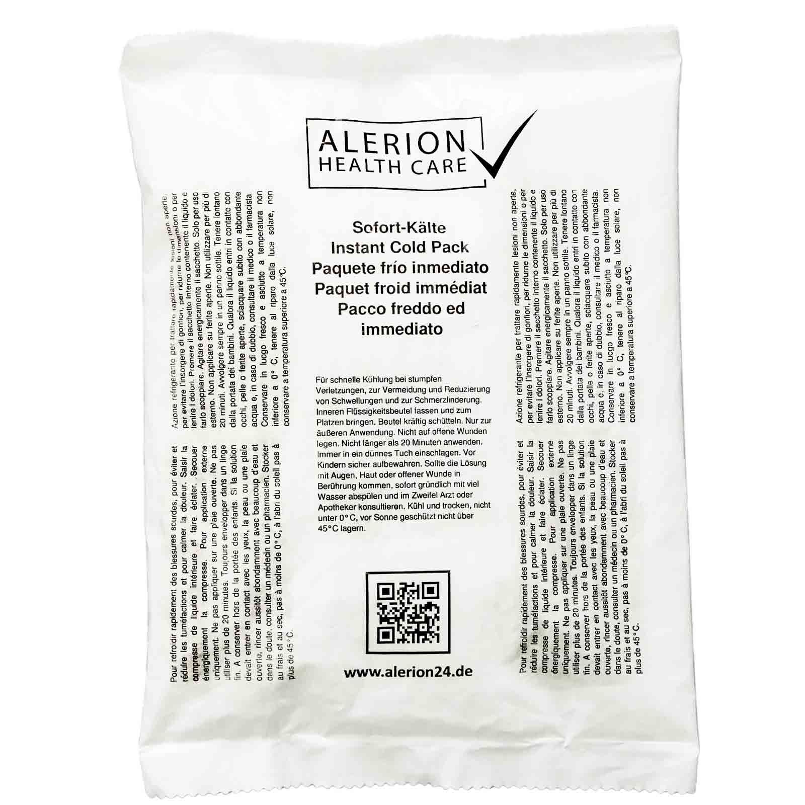 Weißer Beutel mit Text. Oben links: Logo ALERION HEALTH CARE. Text: Sofort-Kälte, Instant Cold Pack, Paquete frio inmediato, Paquet froid immédiat, Pacco freddo ed immediato.