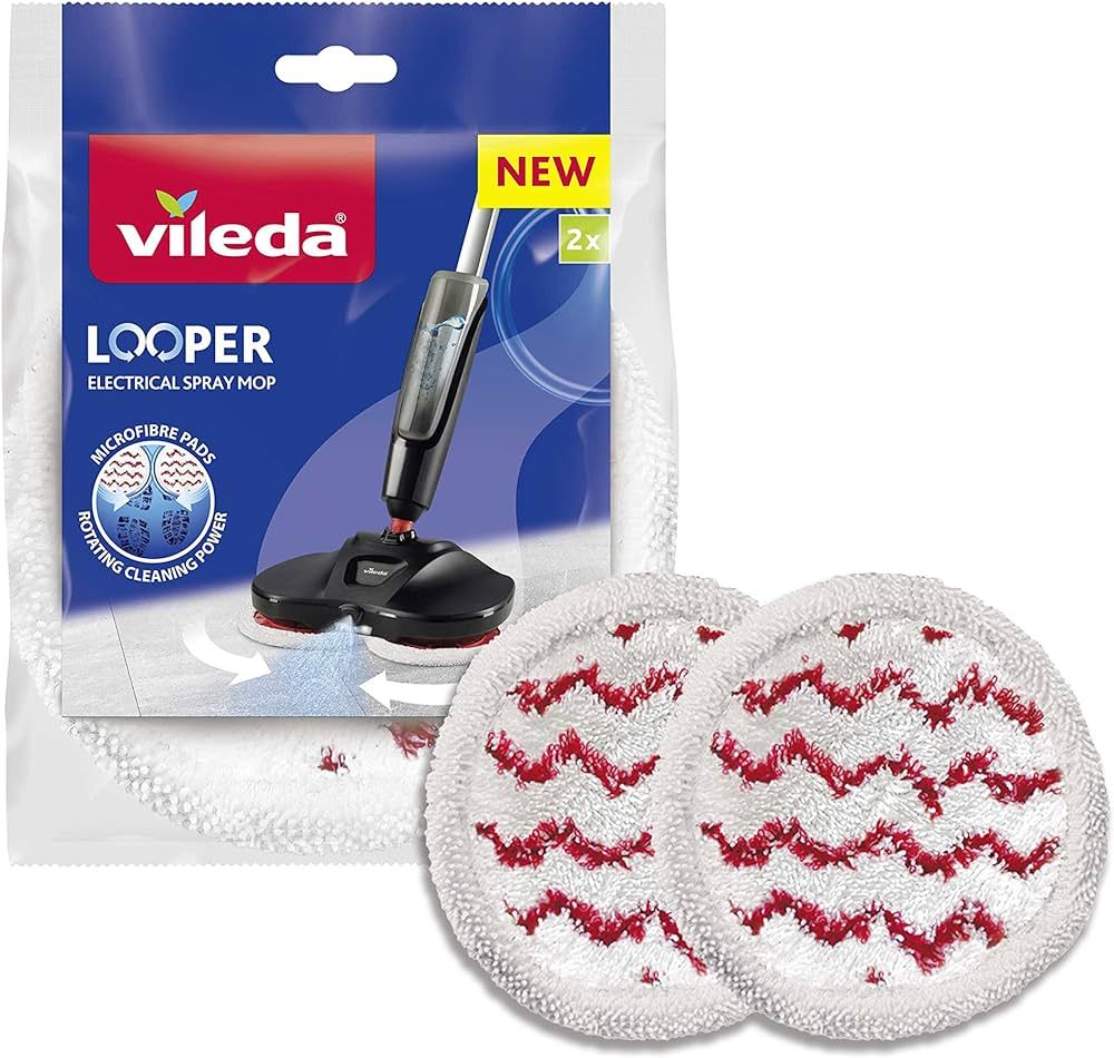 Verpackung mit zwei runden, weißen Reinigungspads mit roten Zickzack-Mustern. Auf der Verpackung steht "Vileda Looper".