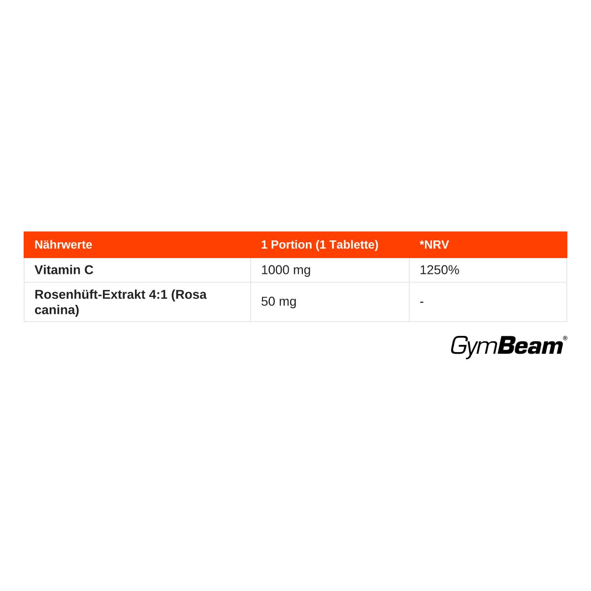 Nährwerttabelle für GymBeam Vitamin C 1000 mg: 1000 mg Vitamin C, 50 mg Hagebuttenextrakt pro Tablette.