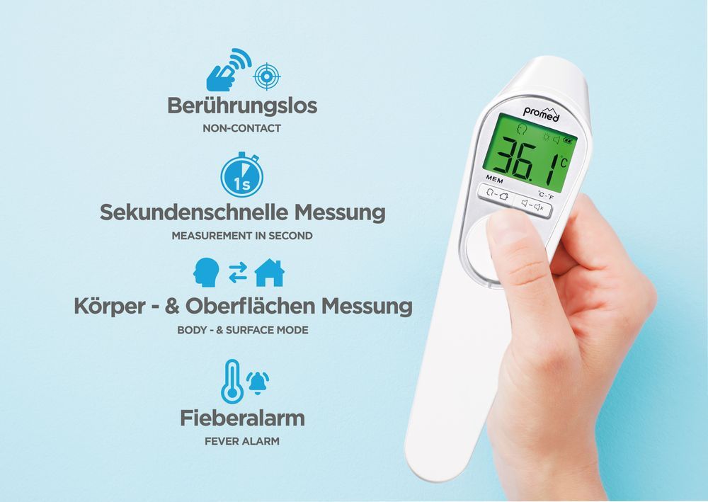 Thermometer in Hand. Text: Berührungslos, Sekundenschnelle Messung, Körper- & Oberflächen Messung, Fieberalarm.