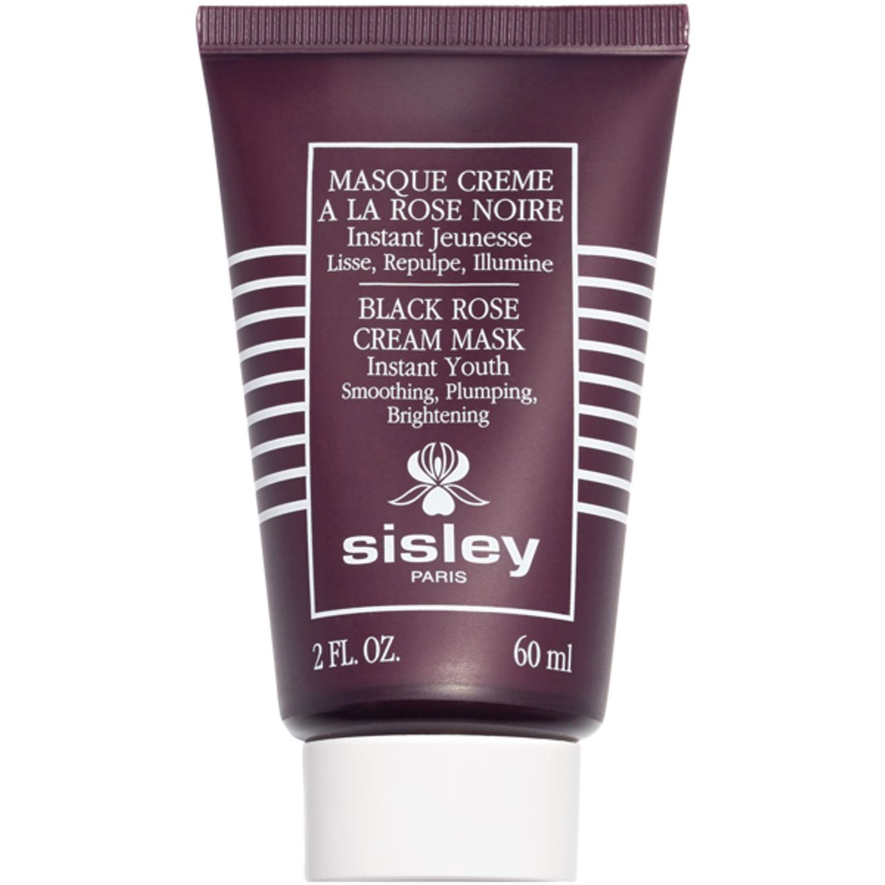 Dunkelrote Tube mit weißer Schrift. "Masque Creme a la Rose Noire" und "Sisley" sind sichtbar. 60 ml.