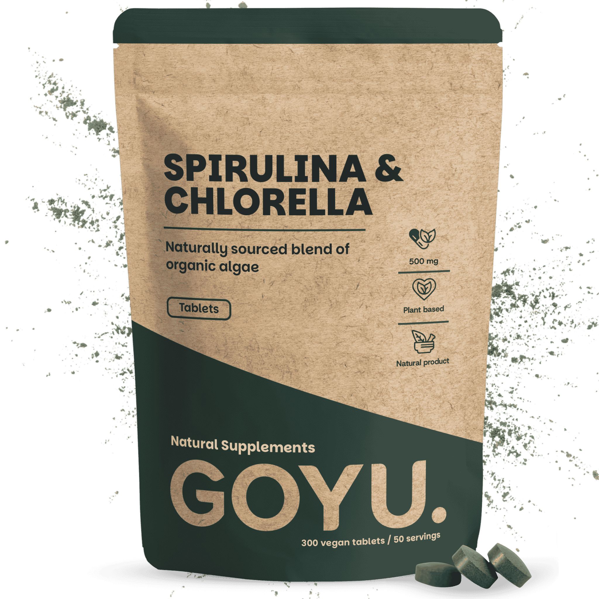 GOYU Spirulina & Chlorella Tabletten in Brauner Verpackung, 300 vegane Tabletten.