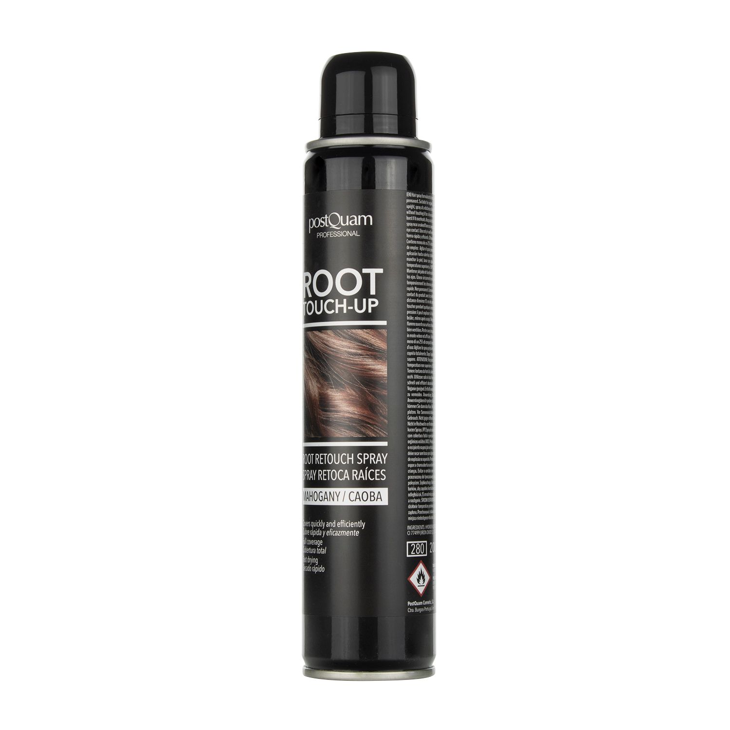 Schwarze Sprühflasche "Postquam Root Touch-Up Mahagoni". Produktetikett mit Produktnamen und Farbbezeichnung. Ansicht schräg.