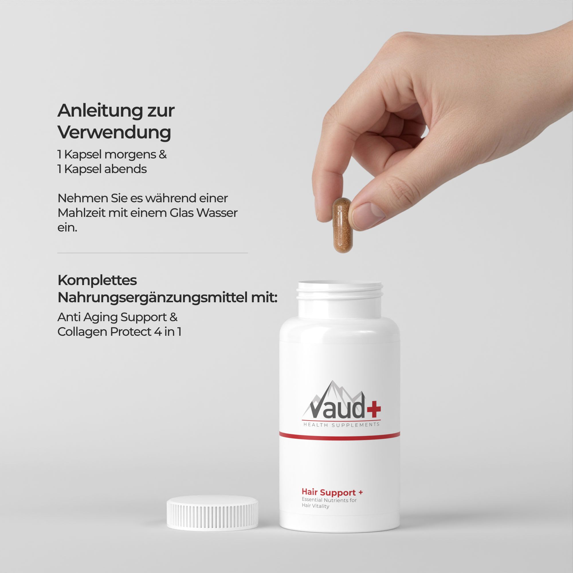 Hand hält Kapsel über einer weißen Flasche. Vaud+ Logo und Schriftzug Hair Support+.