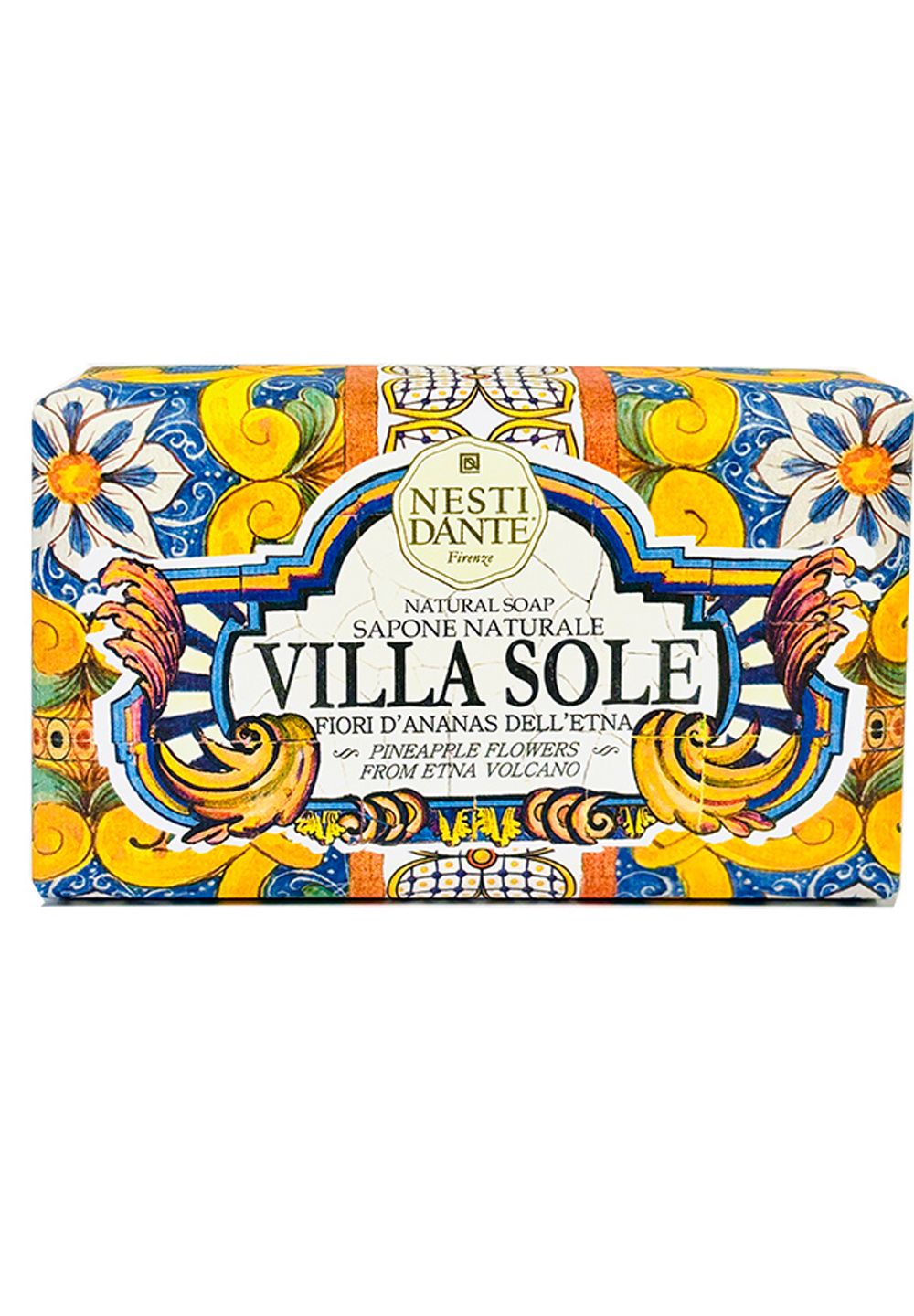 Rechteckige Seife mit farbenfrohem Design. Aufschrift: Villa Sole, Fiori d'Ananas dell'Etna. Marke: Nesti Dante.
