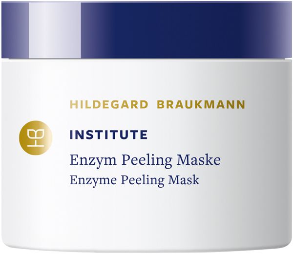 Weißer Tiegel mit blauem Deckel. Aufschrift: HILDEGARD BRAUKMANN INSTITUTE Enzym Peeling Maske. Logo mit stilisiertem Blatt.