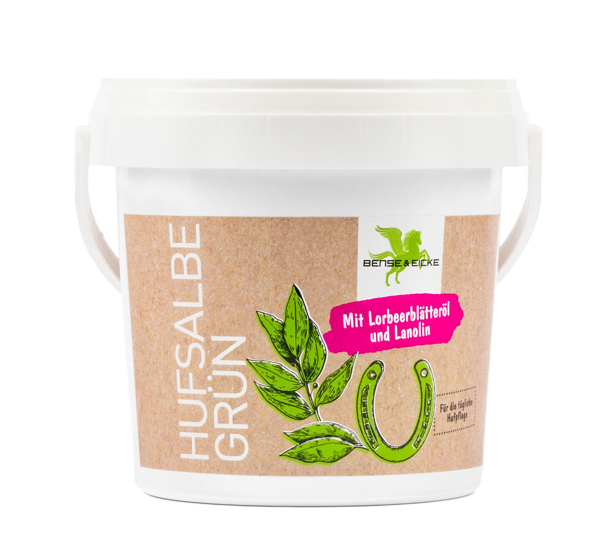 Weißer Eimer mit Aufschrift Hufsalbe Grün. Logo und Text: Mit Lorbeerblätter und Lanolin.