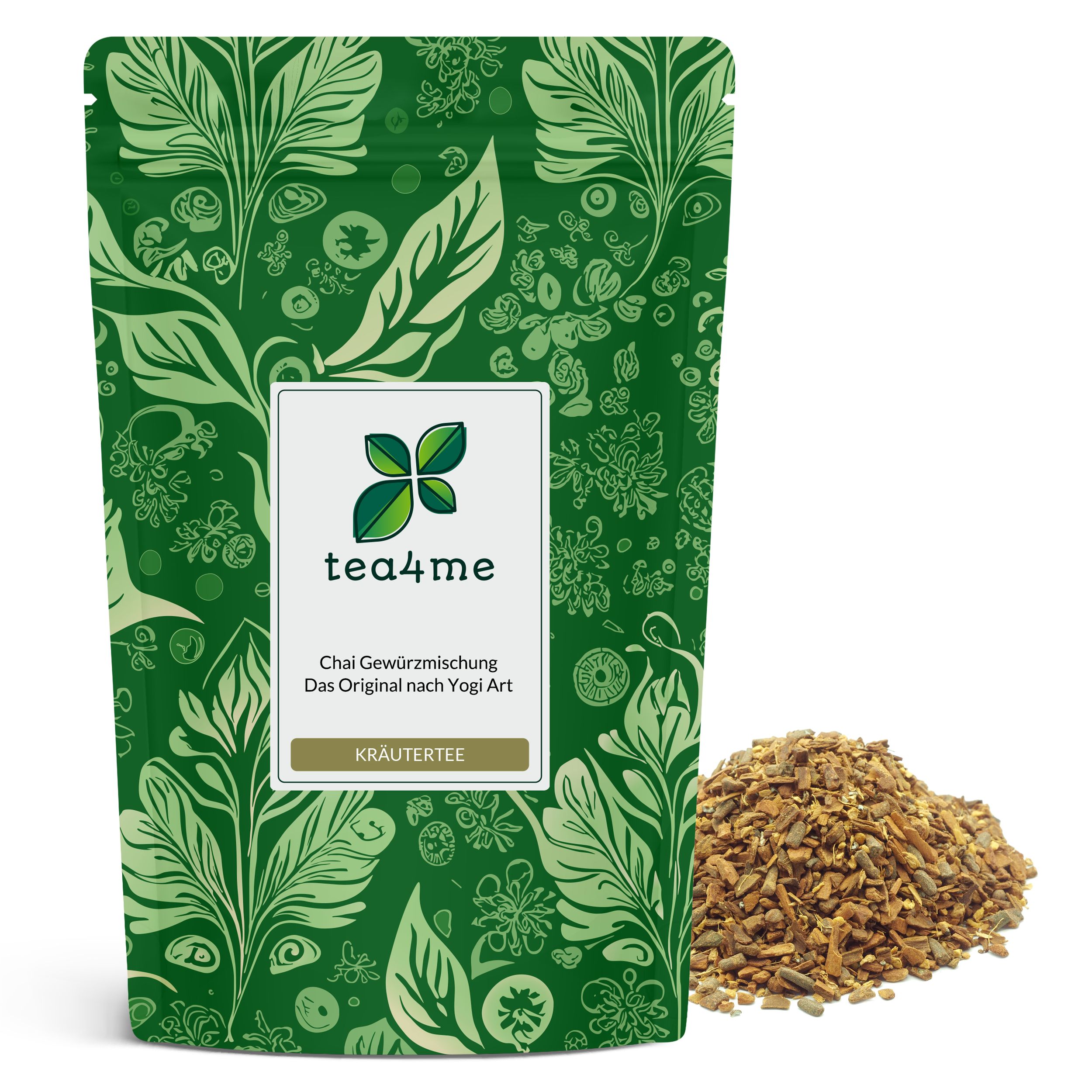Grüne Verpackung mit floralem Muster und Produktbezeichnung. Daneben ein Haufen loser Kräuter.