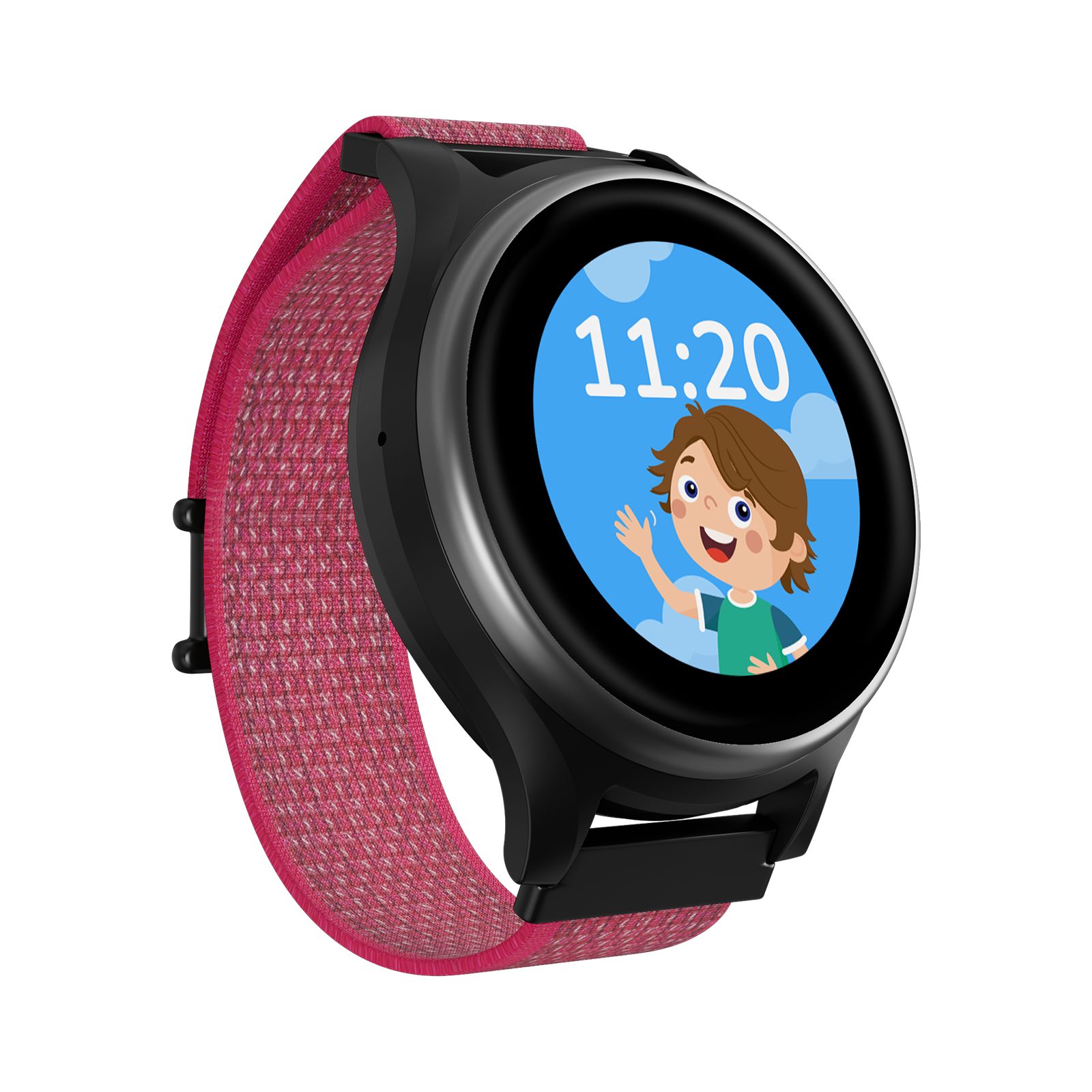 Schwarze Smartwatch mit pinkfarbenem Armband. Auf dem Bildschirm: Kind mit Uhrzeit 11:20. Roter Knopf an der Seite.