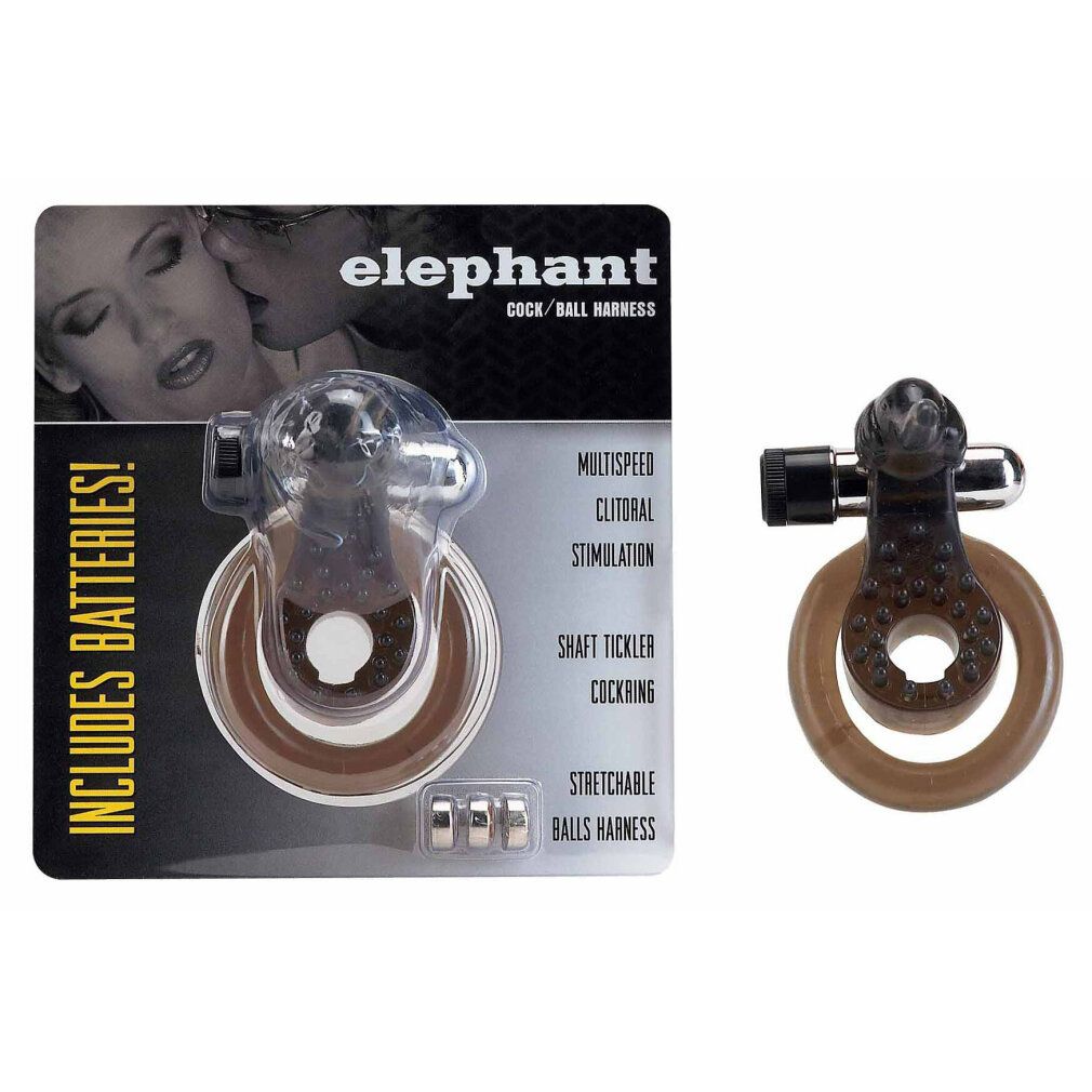 Transparentes Cock & Ball Ring Elephant in Blisterverpackung. Enthält Batterien. Aufschrift: Multispeed, Clitoral Stimulation, Shaft Tickler, Cockring, Stretchable Balls Harness.