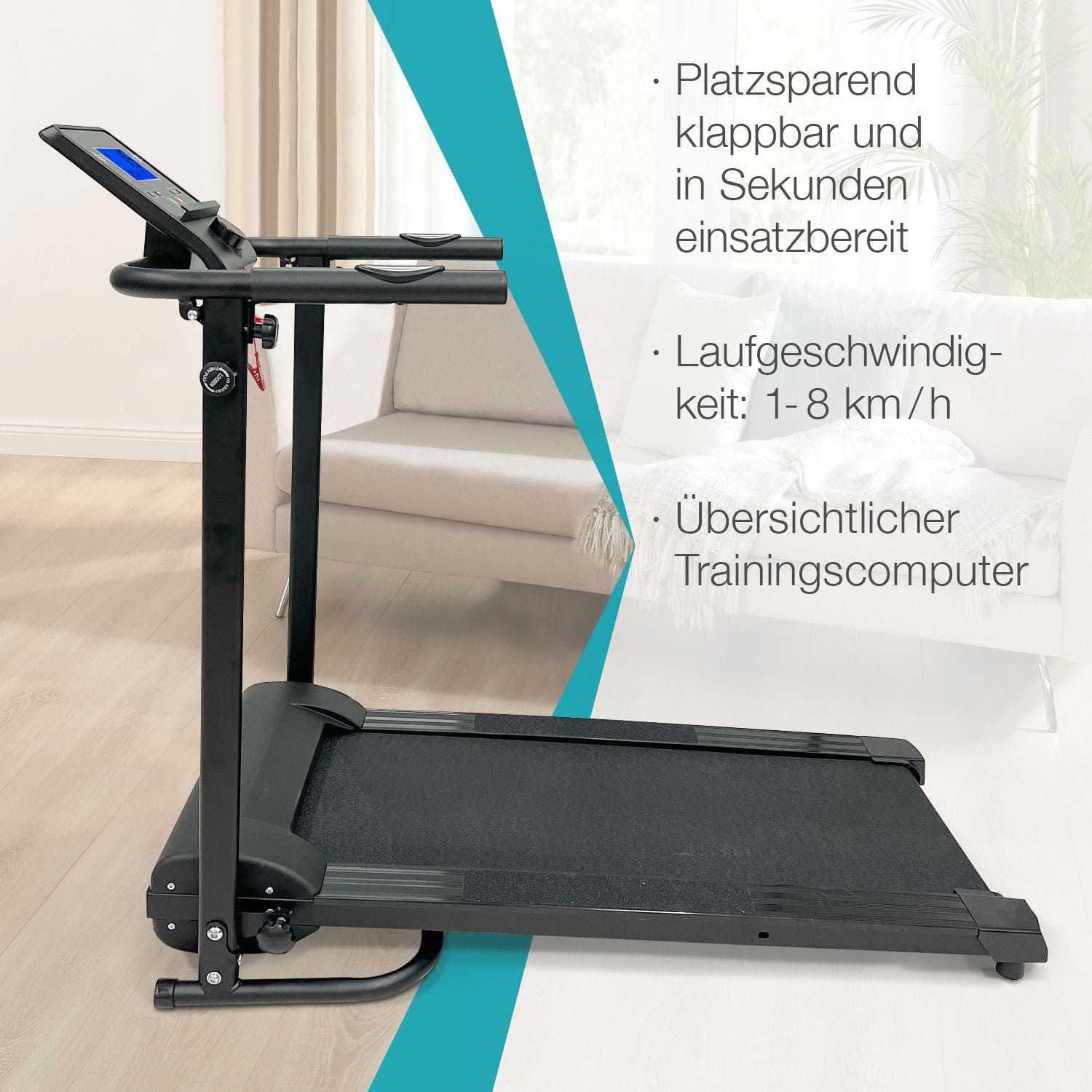aktivshop klappbares Laufband schwarz, 750 Watt leiser Elektromotor, Extra breite 40 cm Lauffläche