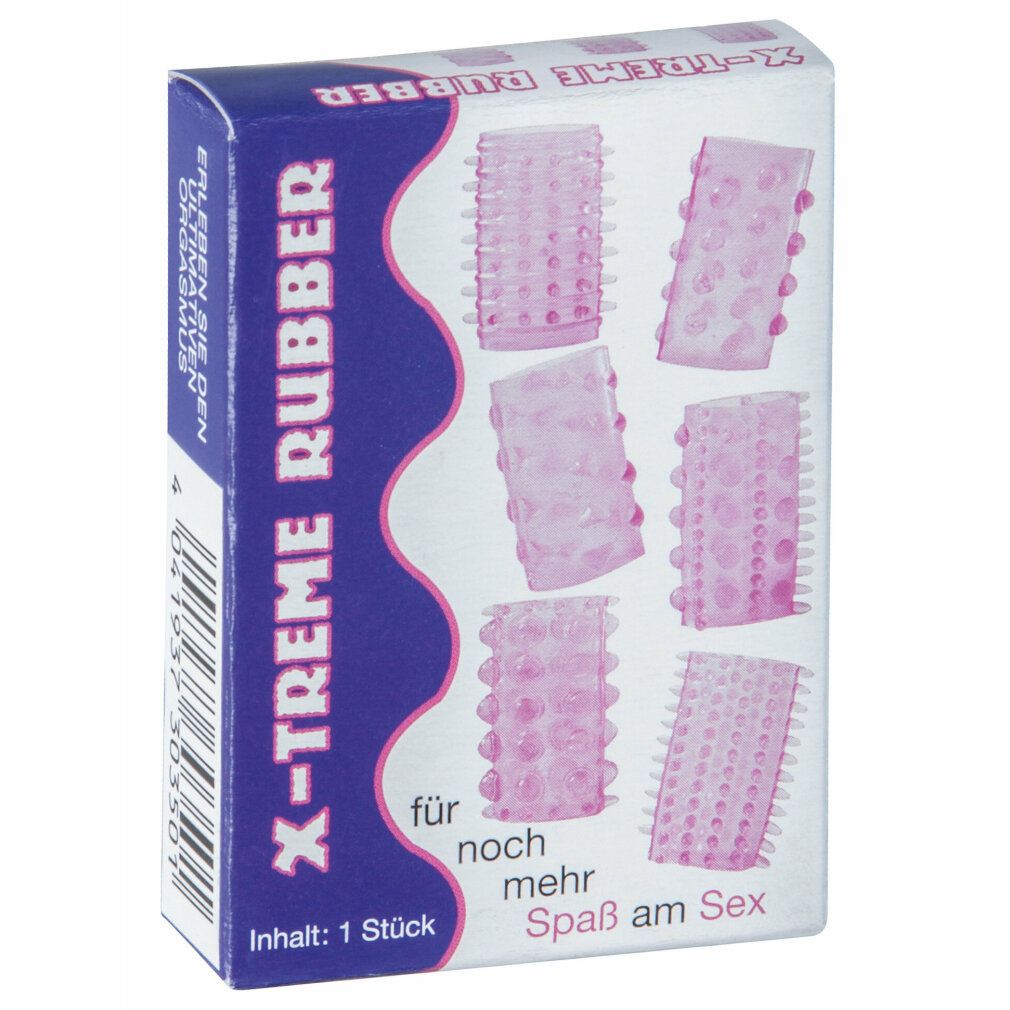 Verpackung mit sechs rosa Silikonringen. Text: X-TREME RUBBER, Inhalt: 1 Stück, für noch mehr Spaß am Sex.