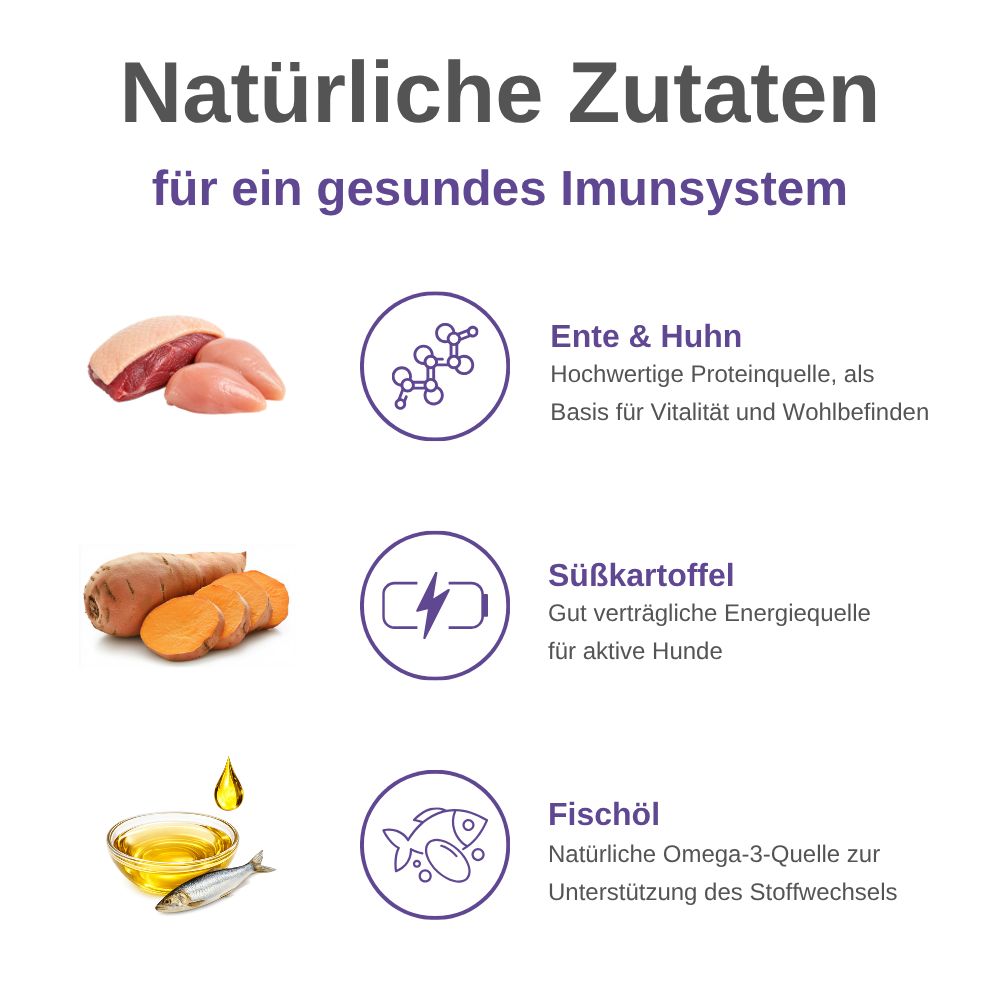 Zutaten für Immune Support Hundesnacks: Ente, Huhn, Süßkartoffel und Fischöl.
