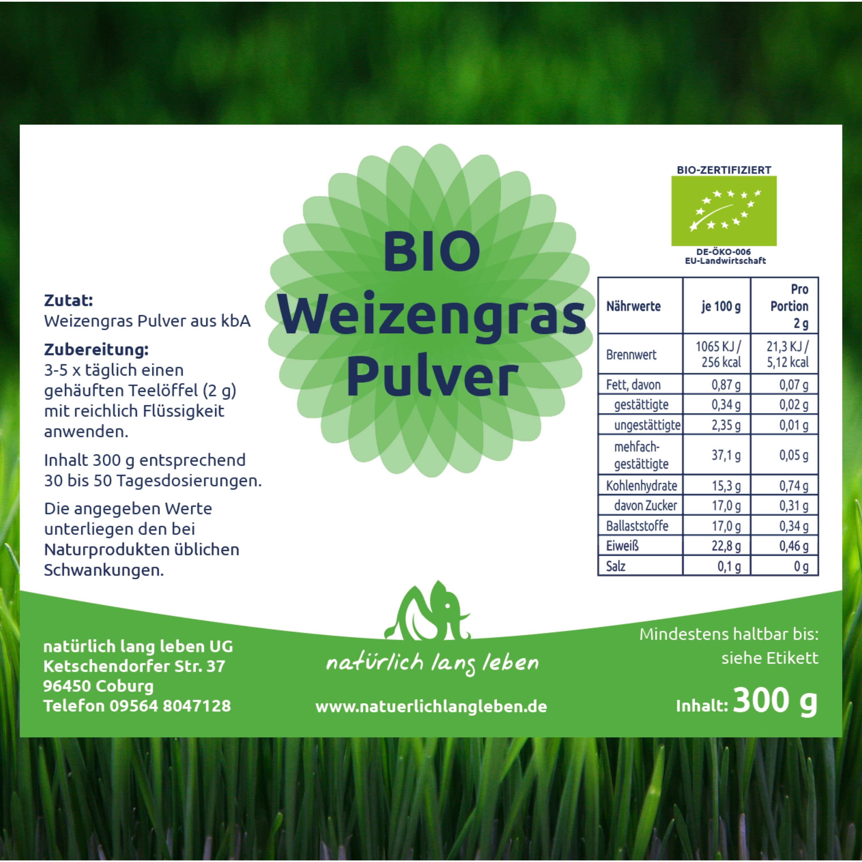 Etikett mit BIO Weizengras Pulver. Enthält Nährwertangaben, Zutaten, Anwendungshinweise und Logo 'natürlich lang leben'.
