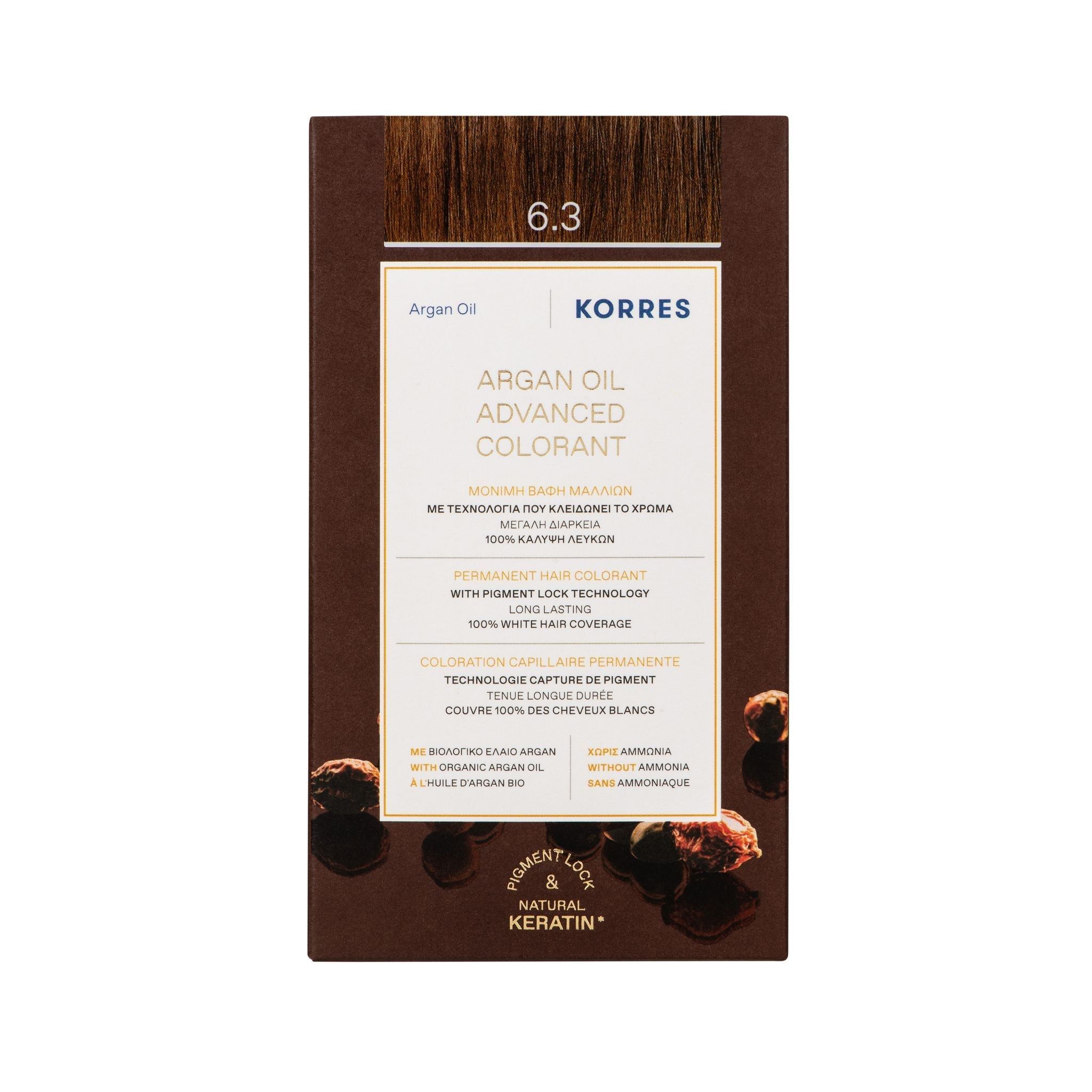 KORRES Arganöl Haarcoloration Dunkelblond Gold 6.3. Verpackung mit Produktinformationen und Farbnummer.