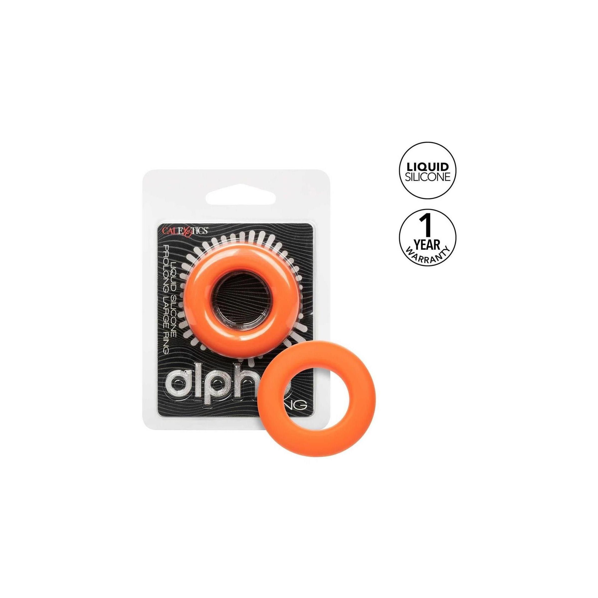 Verpackung mit zwei Ringen. Produktname: Alpha Ring. Marke: CalExotics. Aus Silikon.