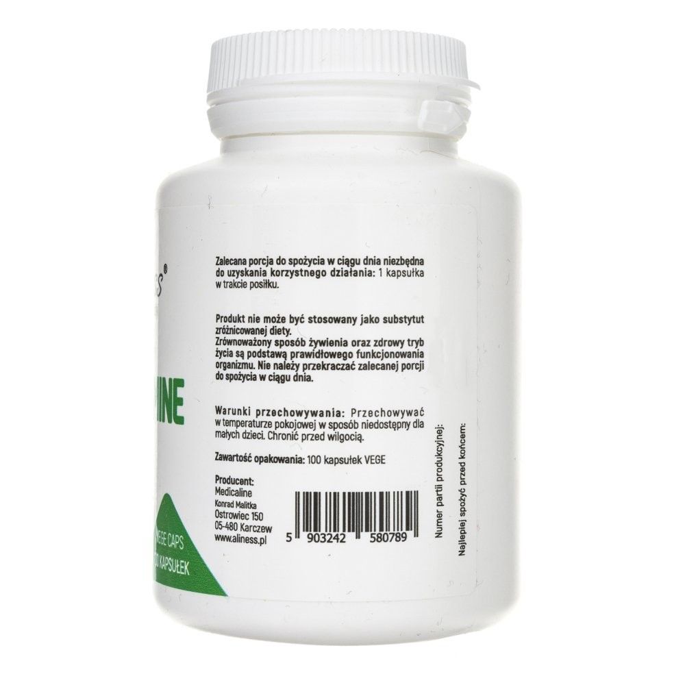 Rückseite einer Aliness L-Glutamin Kapselpackung mit Anwendungshinweisen und Herstellerinformationen.