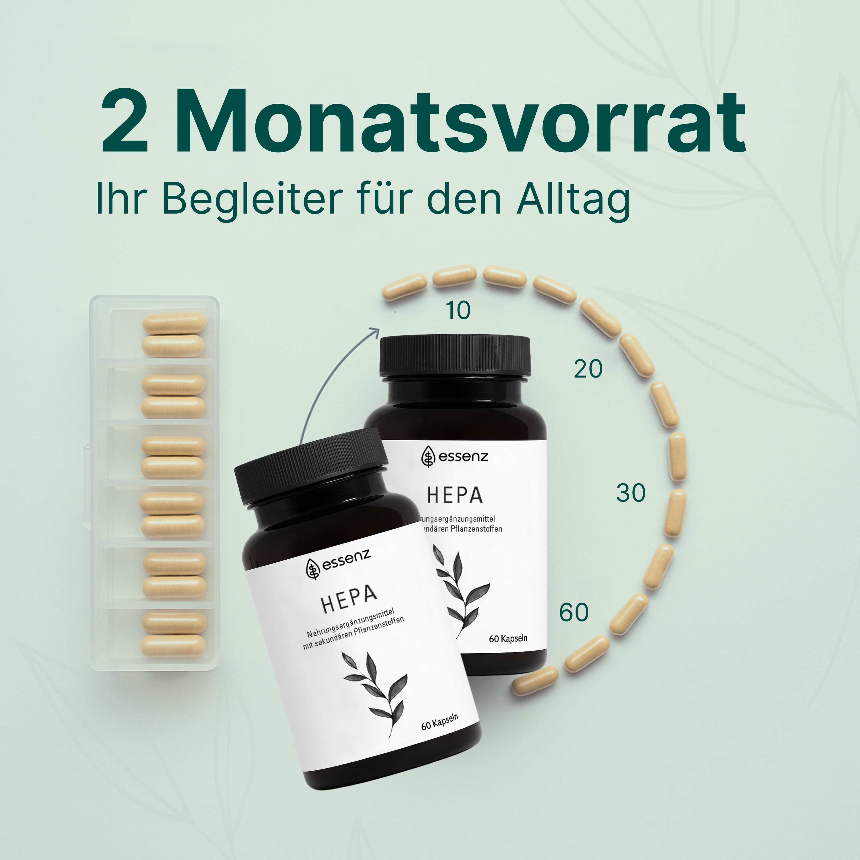 Zwei braune Flaschen mit schwarzen Deckeln. Aufschrift: ESSENZ HEPA. 60 Kapseln. 2 Monatsvorrat. Kapseln in Tablettenbox.