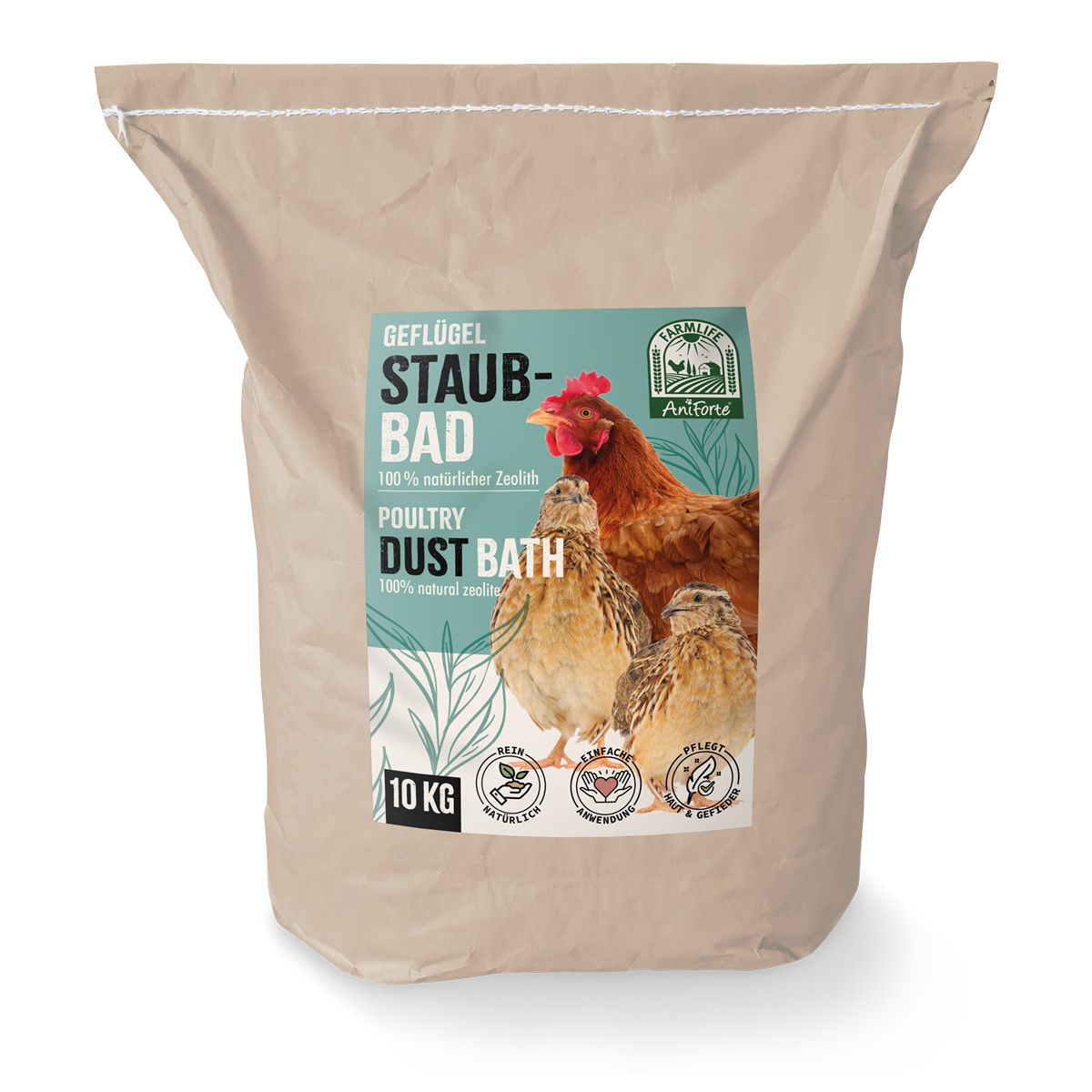 Beutel mit Staubbad. Text: Geflügel Staub-Bad. 10 kg.