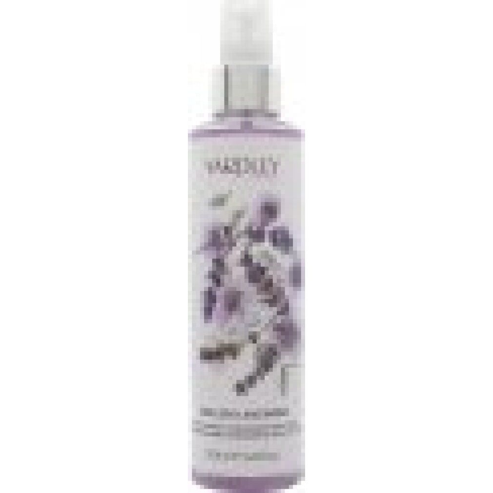 Sprühflasche mit lila Blütenmuster und Text. Aufschrift: Yardley English Lavender Moisturising Fragrance Body Mist.