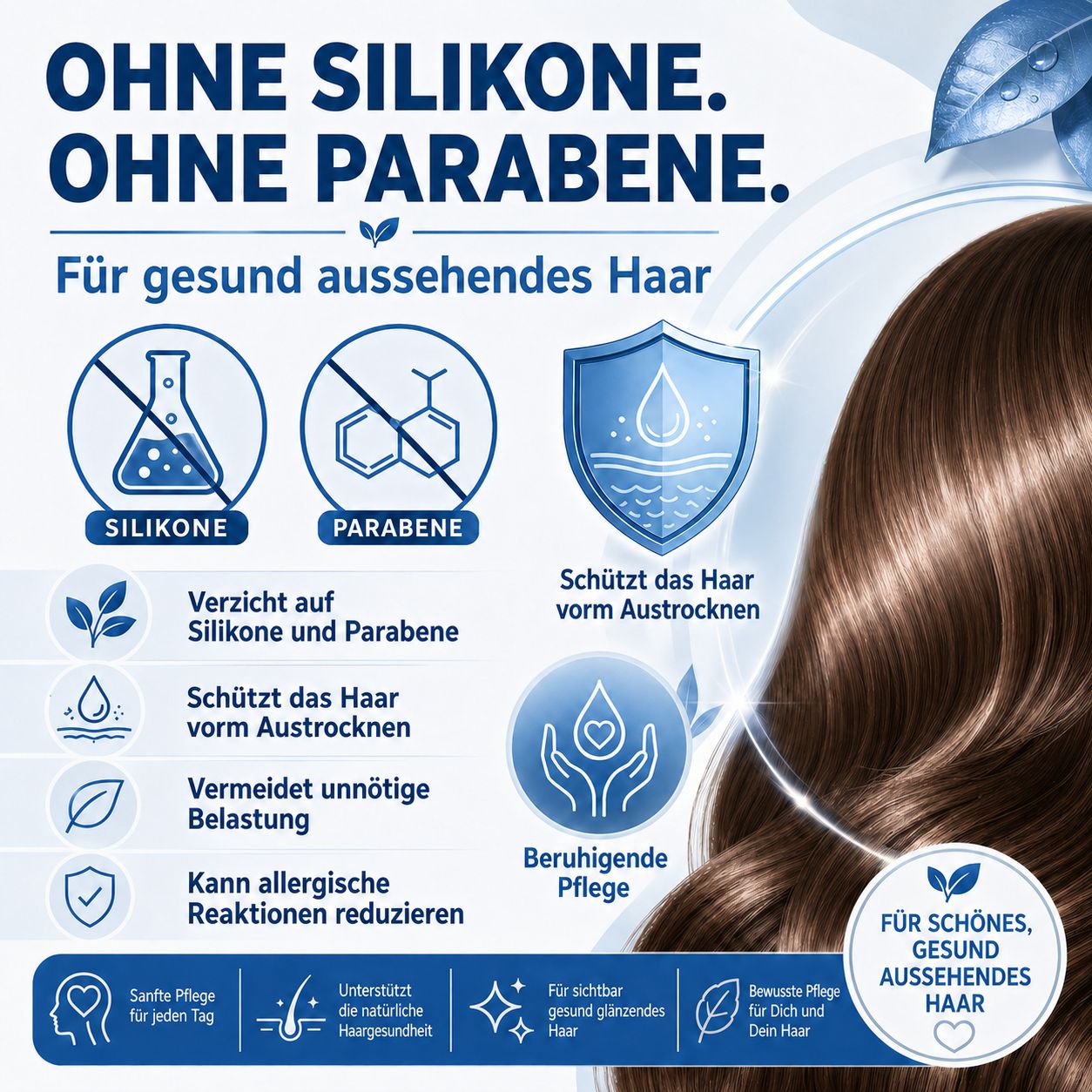 Grafik mit Text: Ohne Silikone. Ohne Parabene. Illustrationen von gesundem Haar. Text: Für gesund aussehendes Haar.