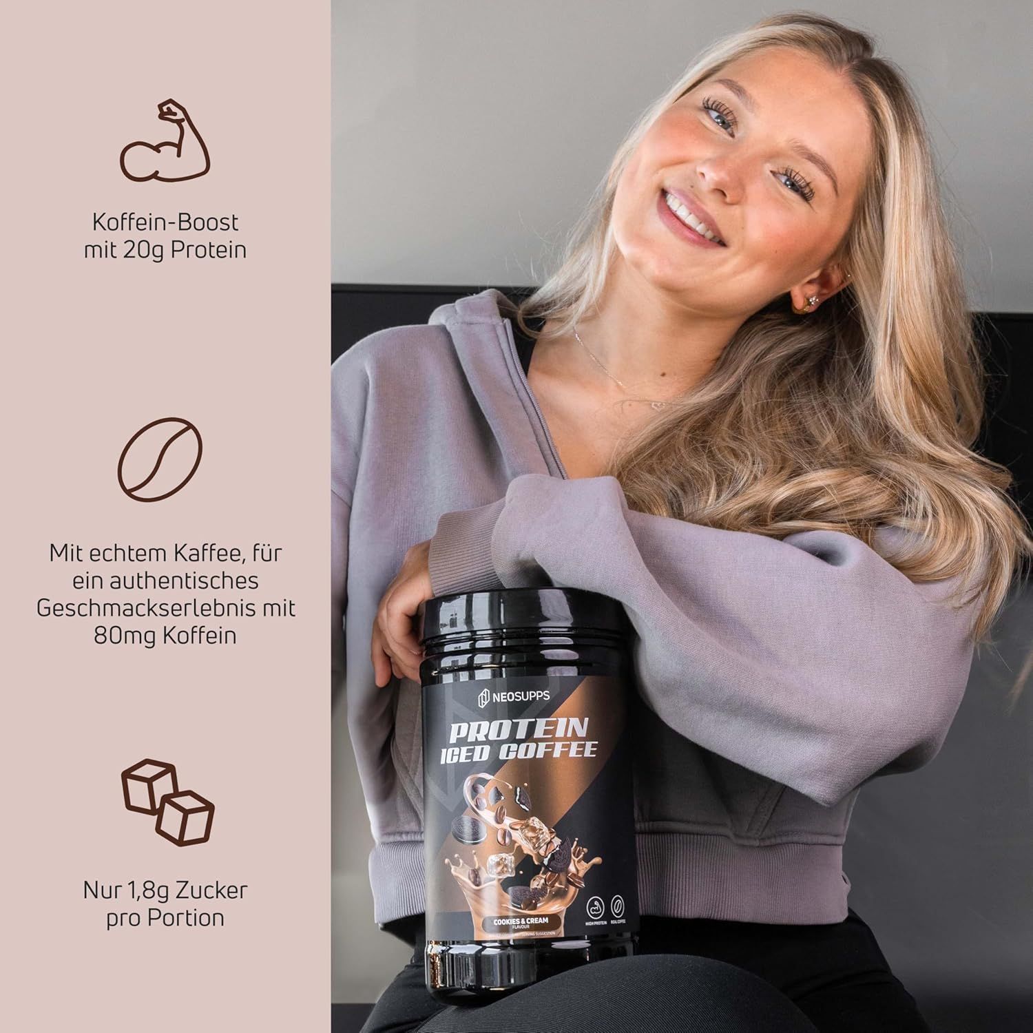 Schwarze Dose mit Neosupps Protein Iced Coffee. Frau hält Dose, lächelt. Text: Koffein-Boost, 20g Protein, 80mg Koffein, 1,8g Zucker.