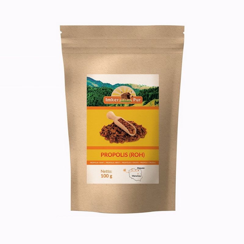Beutel mit ImkerPur Propolis (roh). Aufkleber mit Produktname, Logo, Inhalt und Herkunft. Holzschaufel mit Propolis.