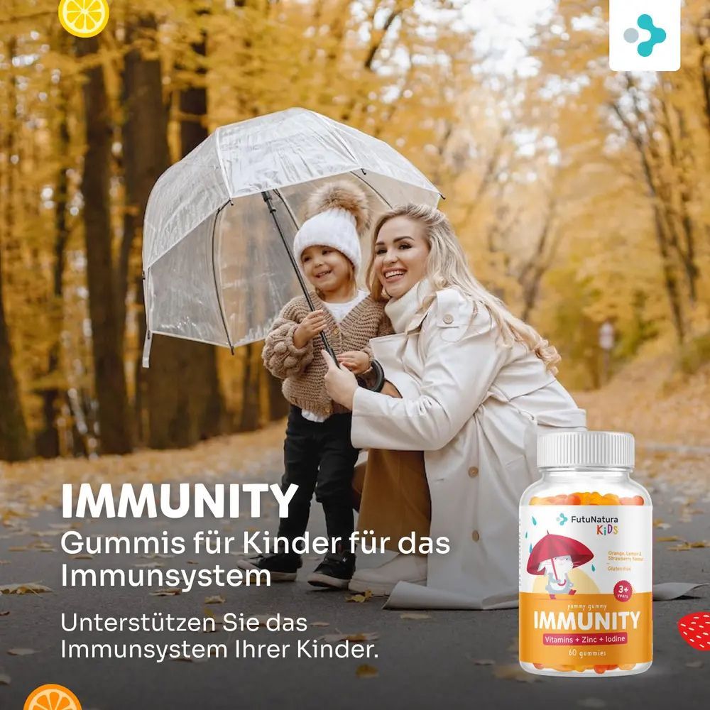 Glasflasche mit Gummibärchen. Aufschrift: IMMUNITY, Vitamine + Zink + Jod. Für Kinder. 60 Gummibärchen. Glutenfrei. Mutter und Kind unter Schirm.