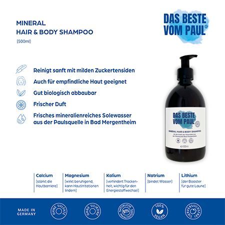 Produkt mit Text: Mineral Hair & Body Shampoo. 500ml. Inhaltsstoffe. Flasche mit Pumpe. Made in Germany.