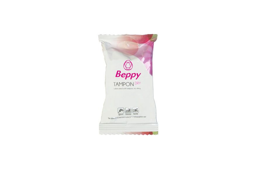 Einzeln verpackter Beppy Tampon DRY. Produktname und Marke deutlich sichtbar. Rosa und weißes Design. Ohne Faden.