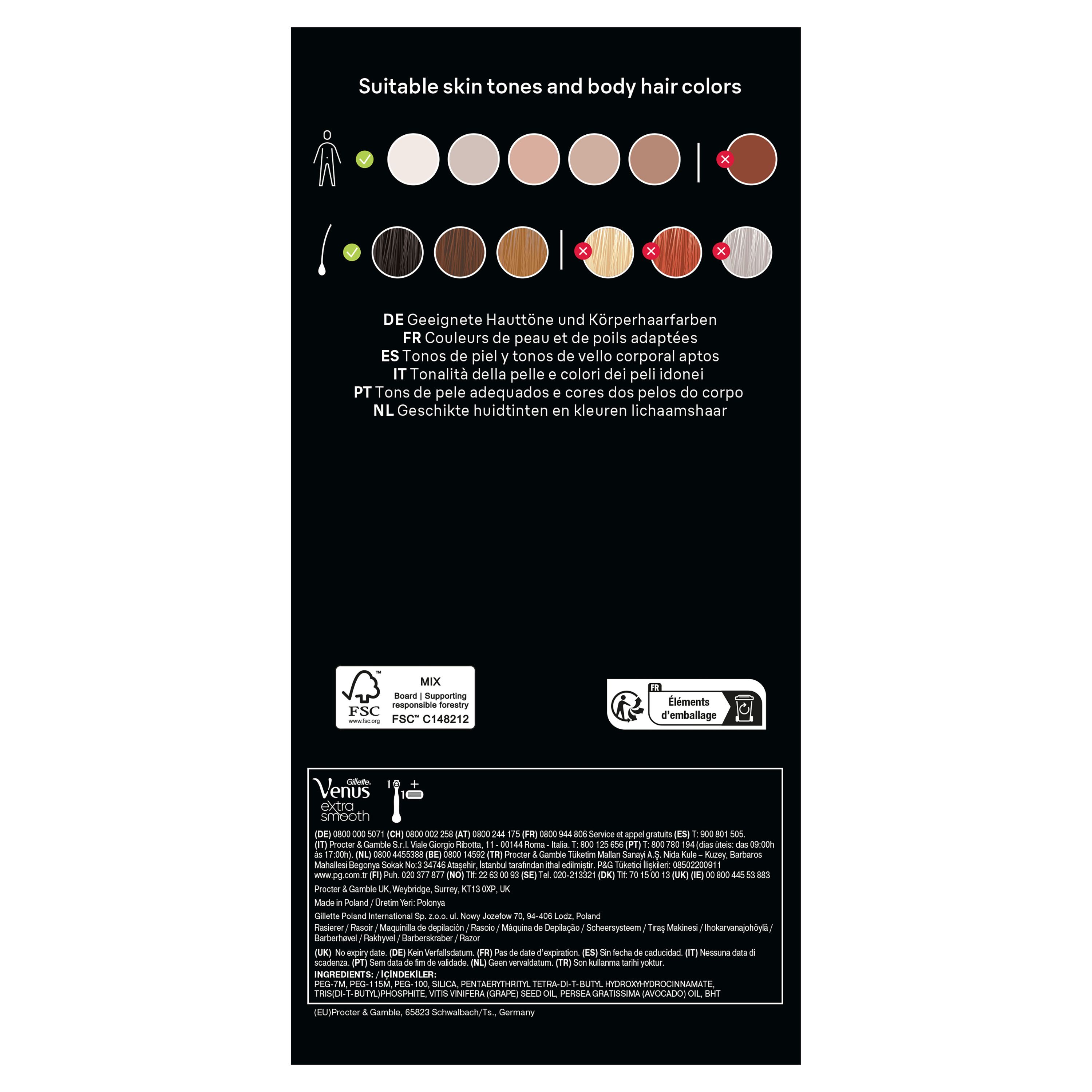 Rückseite der Verpackung. Braun Skin i-expert Pro 7 PL7249. Hauttypen- und Haarfarben-Tabelle. FSC-Zertifizierung.