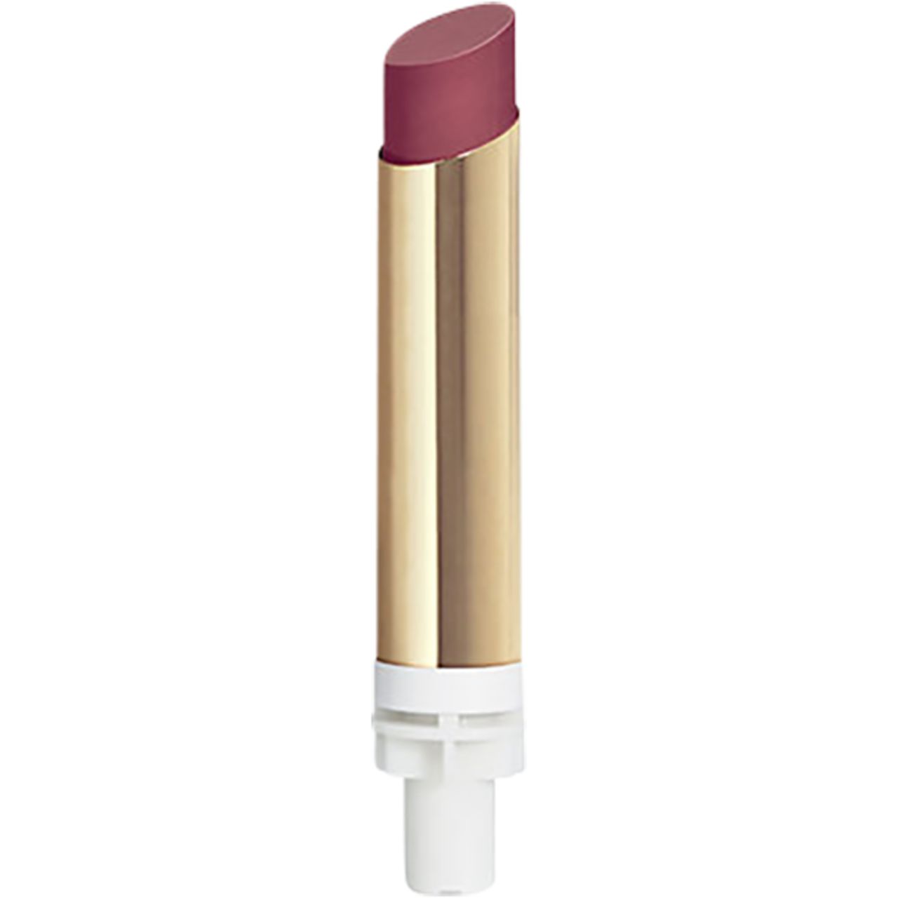 Lippenstift-Refill mit goldener Hülse und rosa Spitze. Weißer Sockel. Schräg angeschnitten.