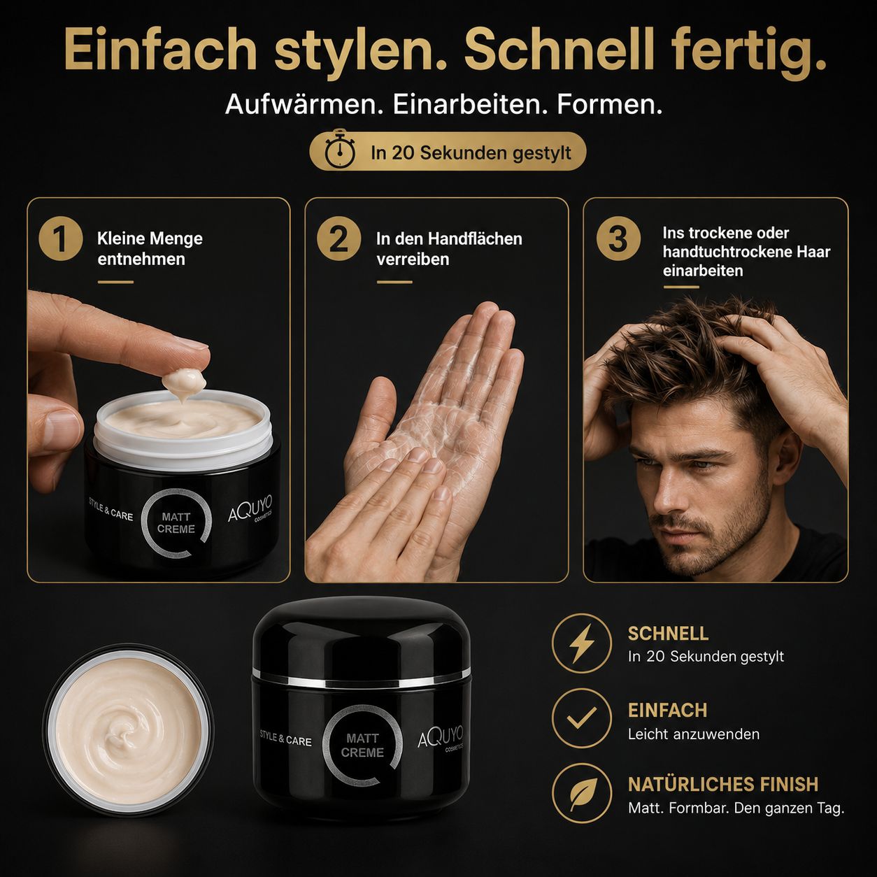 Schritt-für-Schritt-Anleitung zum Stylen der Haare mit der Creme.
