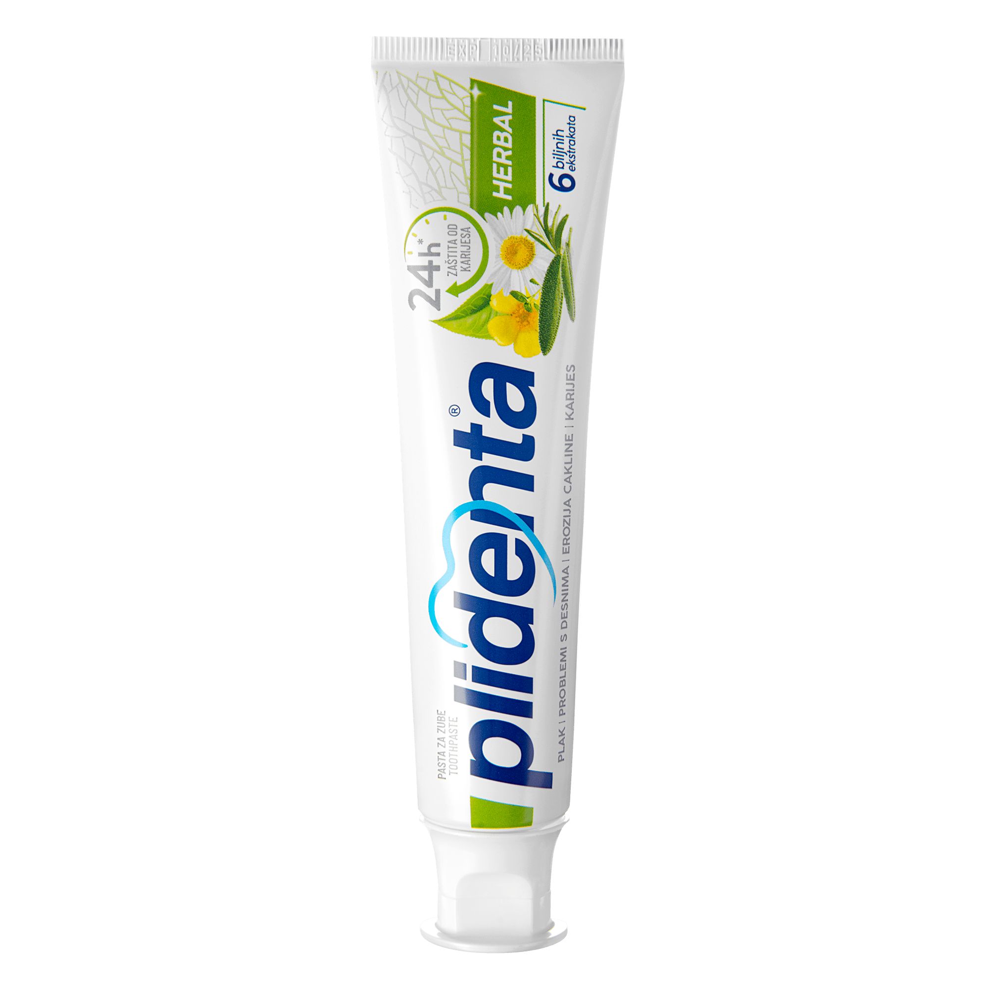 Plidenta Herbal Zahnpasta-Tube. Weiß, grün. Aufschrift: Herbal, 6 Kräuter, 24h Schutz. Produktname: Plidenta. Nahaufnahme.