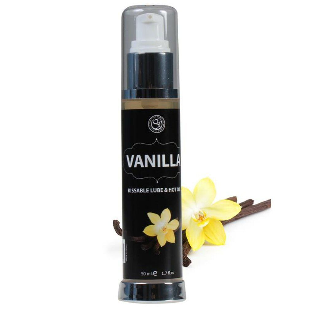 Flüssig-Gleitmittel mit Dosierpumpe. Aufschrift: VANILLA, KISSABLE LUBE & HOT OIL. Mit Vanilleblüte und Schoten.
