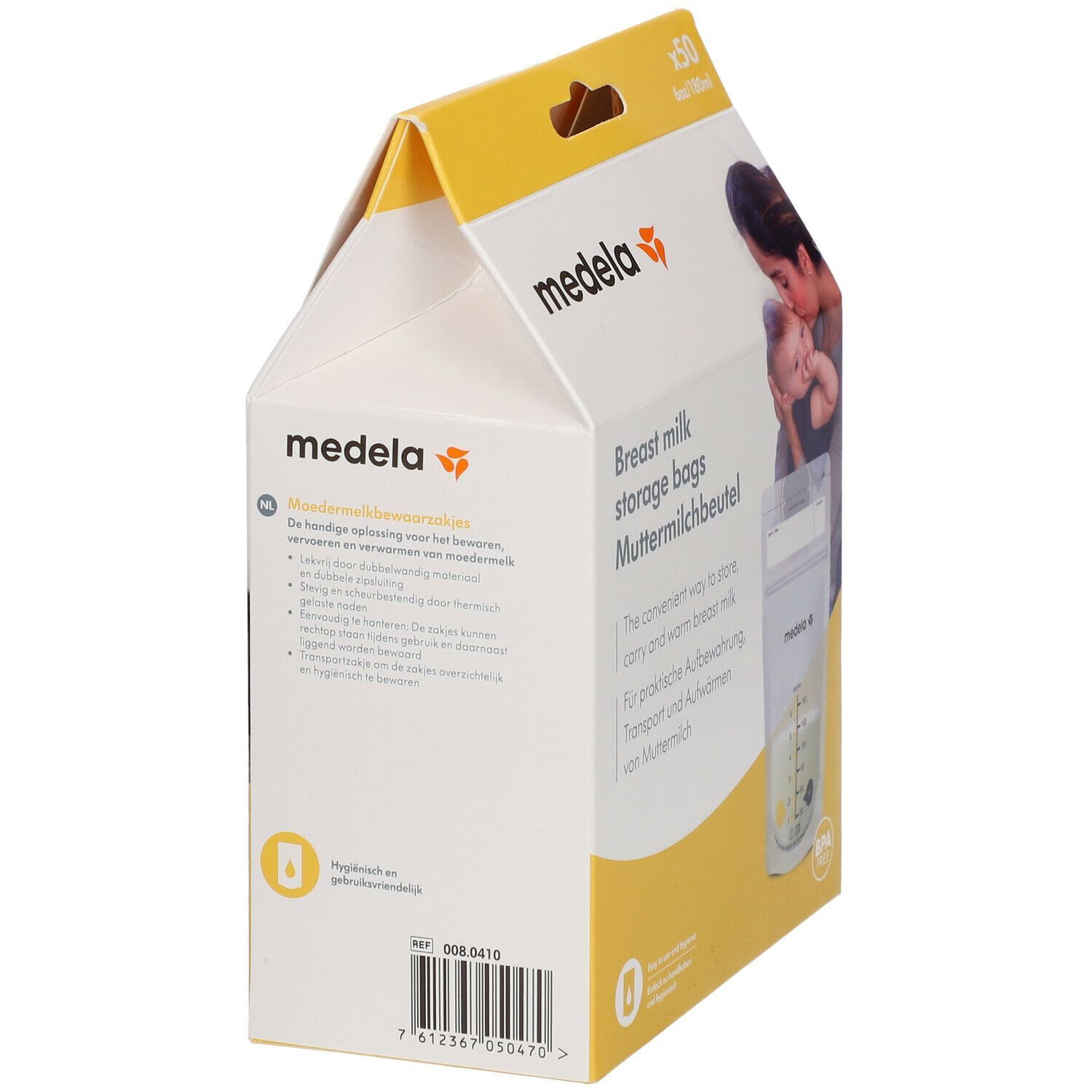 Medela Muttermilchbeutel-Verpackung. Weiß-gelbe Kartonverpackung mit Produktabbildung und Text. Enthält 50 Beutel.