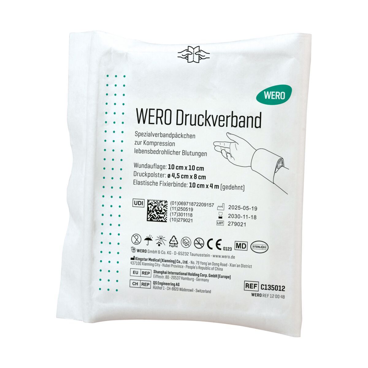 Steriler WERO Druckverband in Verpackung mit Produktinformationen und CE-Kennzeichnung.