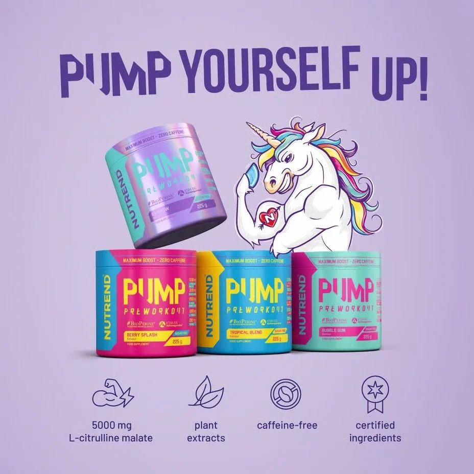 Mehrere Dosen mit der Aufschrift "PUMP PRE WORKOUT". Farben: Blau, Pink, Türkis und Lila. Logo: Nutrend. Illustration: Einhorn.