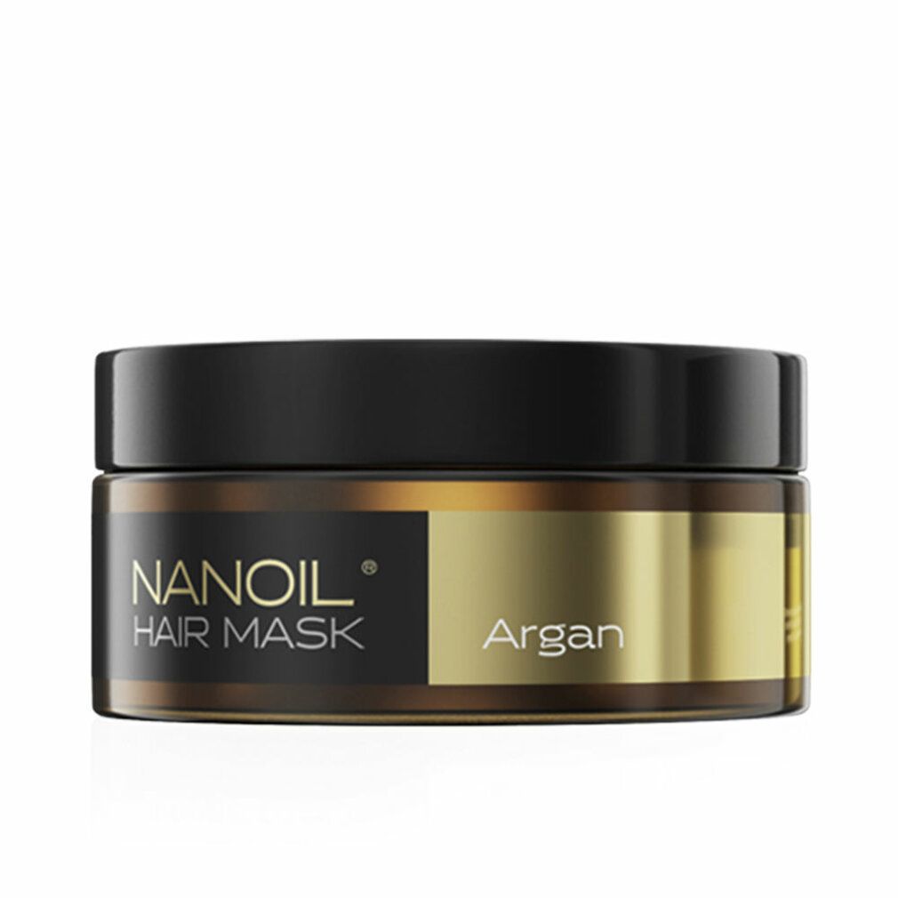 Braune Dose mit schwarzem Deckel. Aufschrift: NANOIL HAIR MASK Argan.