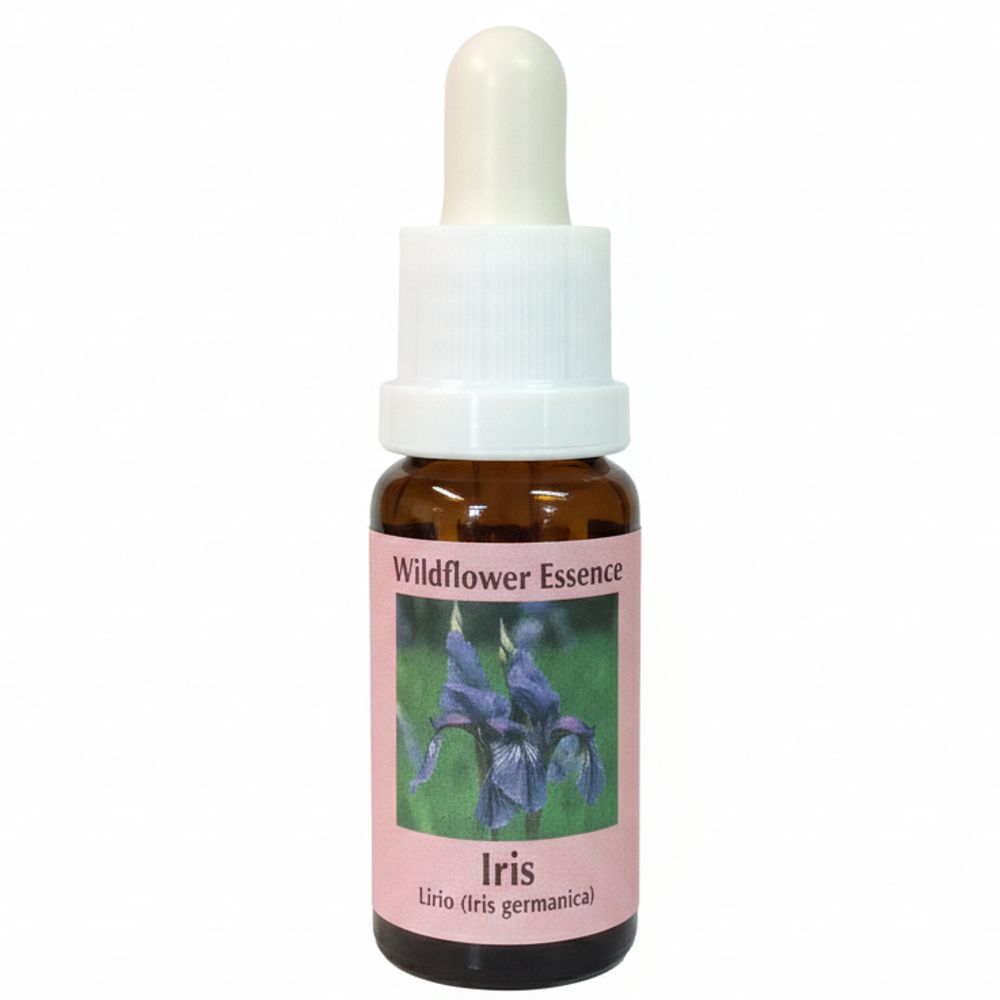 Braune Glasflasche mit weißem Tropfer. Etikett mit Iris-Blüten-Abbildung und Text: Wildflower Essence, Iris, Lirio (Iris germanica).