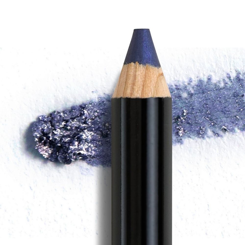 Blauer Kajalstift. Spitze und Farbabstrich. Schwarzer Schaft. Holz sichtbar.