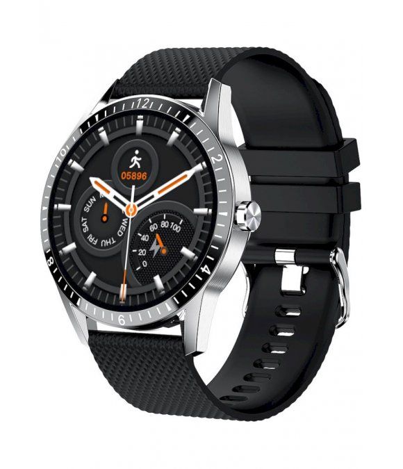 Smartwatch mit schwarzem Armband und silbernem Gehäuse. Zifferblatt mit Anzeigen für Aktivität und Zeit. Schwarzes Armband.