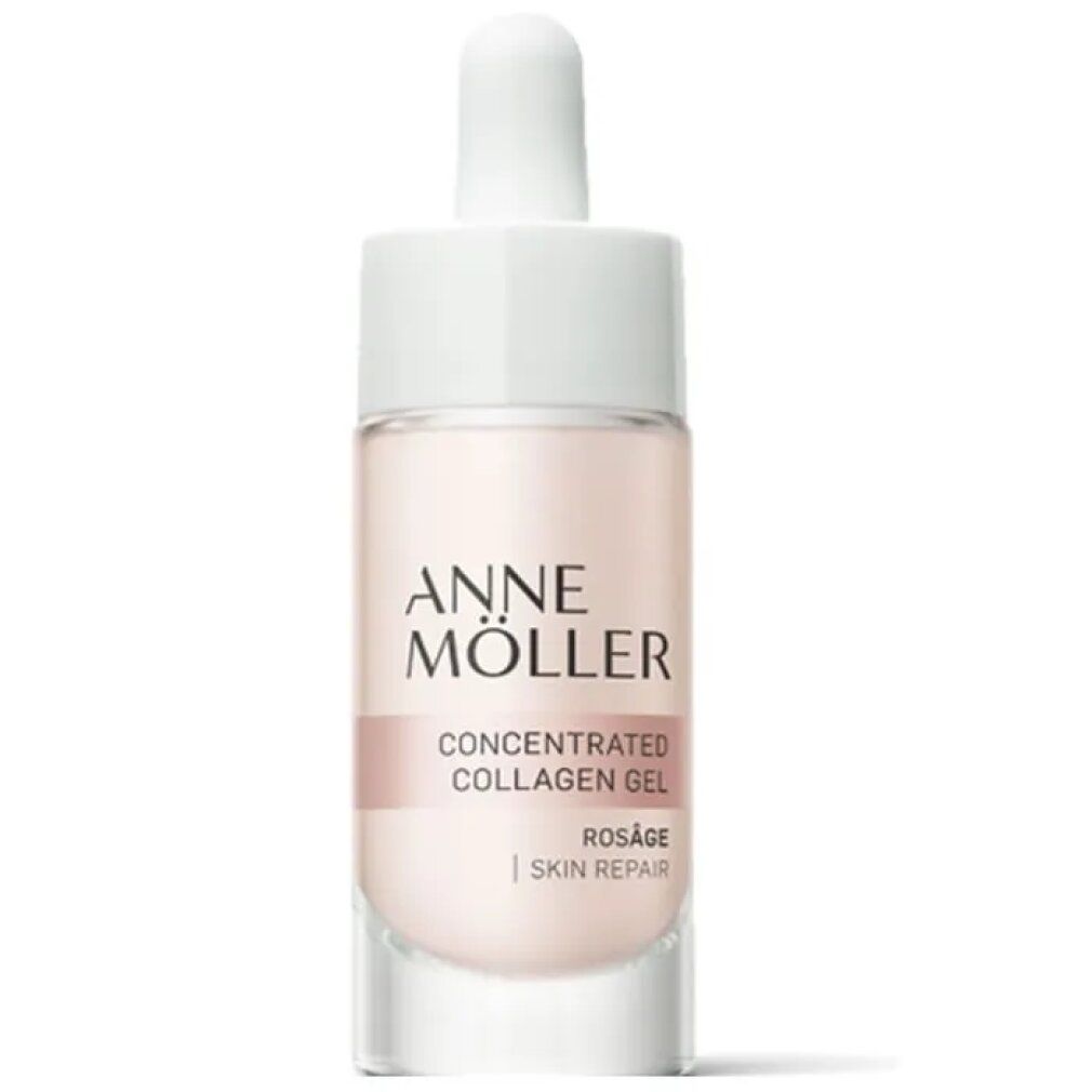 Anne Möller Rosâge Collagen Concentrated Gel. Rosa Flüssigkeit in Glasflasche mit weißem Deckel und Pipette. Schriftzug.