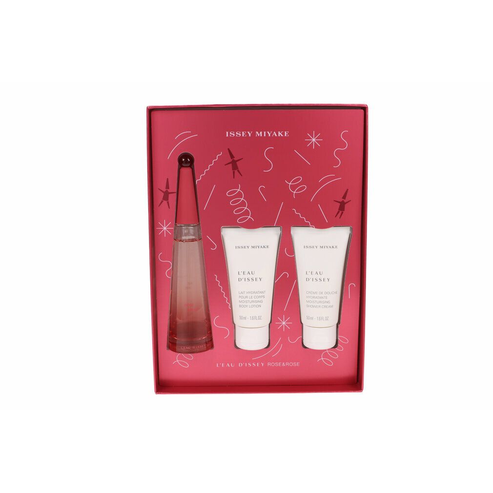 Geschenkset mit Flakon und zwei Tuben in roter Verpackung. Aufschrift: Issey Miyake, L'Eau d'Issey Rose & Rose.